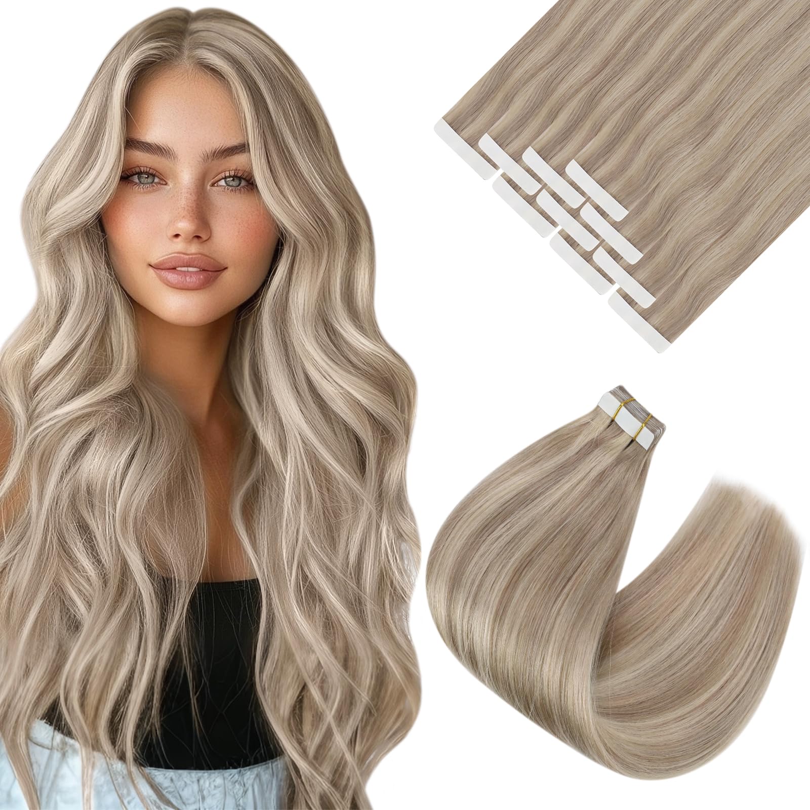 Ve Sunny Ash Blonde Tape in Hair Extensions Human Hair Rose Blonde Highlights Bleach Blonde Invisible Tape on Hair Extensions Ta