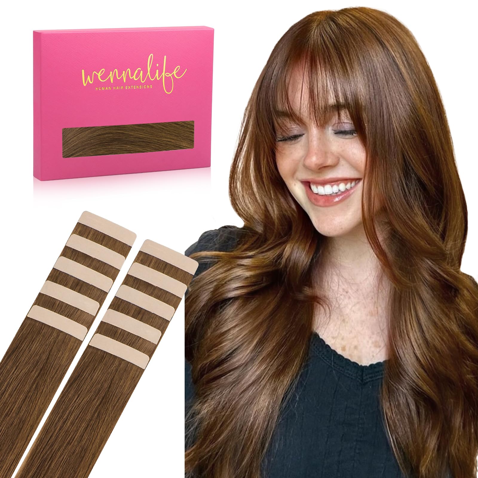 Wennalife Tape In Hair Extensions Human Hair Light Auburn Brown Tape In Extensions, 10Pcs 25G 16 Inch Remy Invisible Tape Ins St