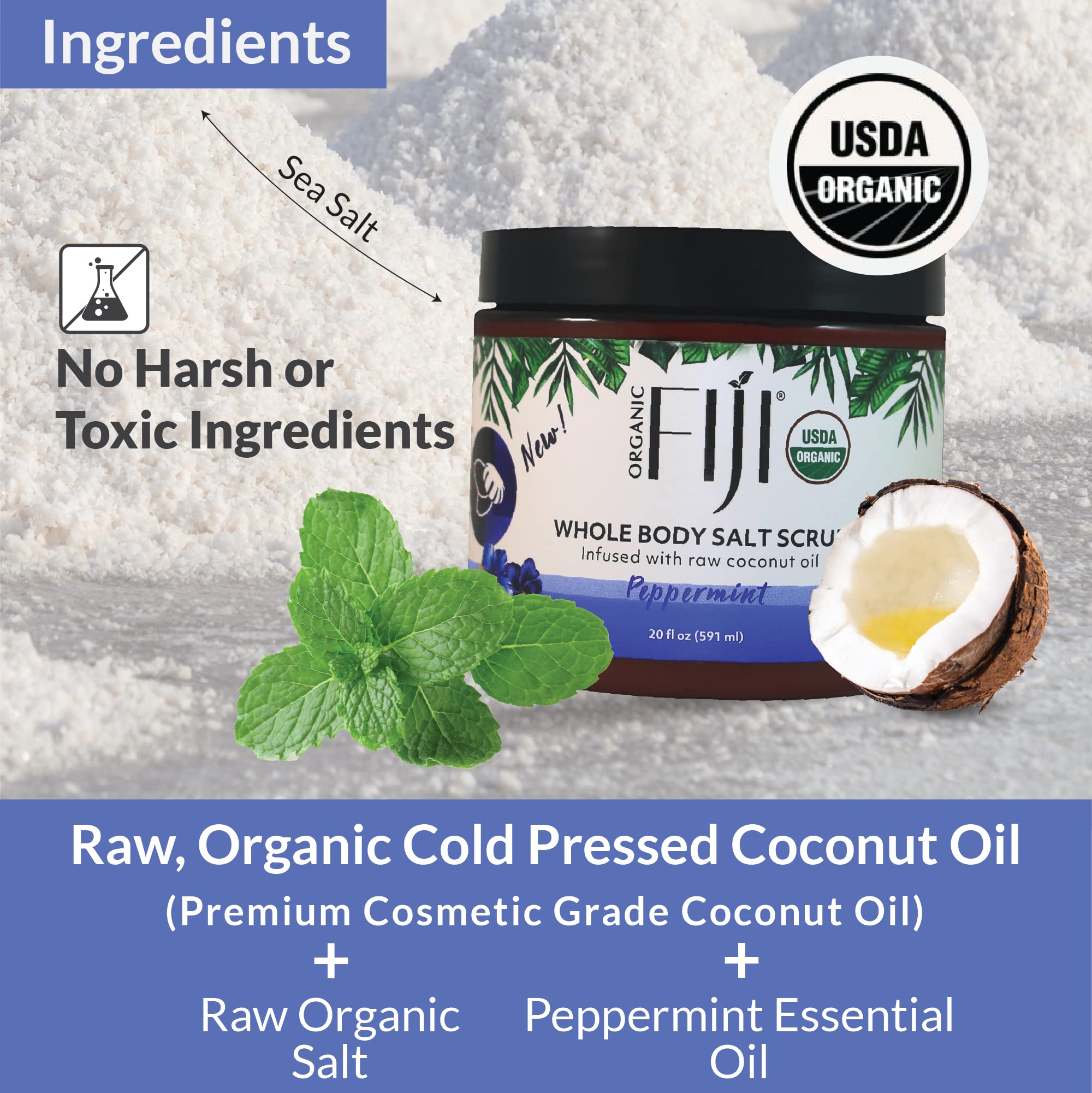 Organic Fiji Whole Body Scrub - Infused with Coconut Oil, Exfoliating Sea salt Scrub for Smooth and Soft Skin, Exfoliates & Rest