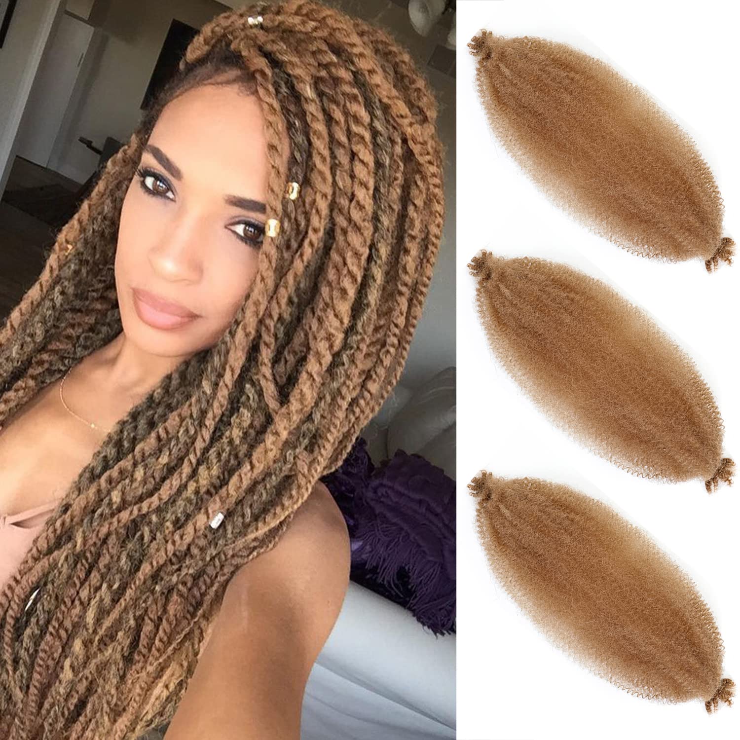 Springy Afro Twist Hair 24 Inch 3 Packs Black Color Pre Fluffed Marley Twist Braiding Hair for Black Women(24 inch, 27)
