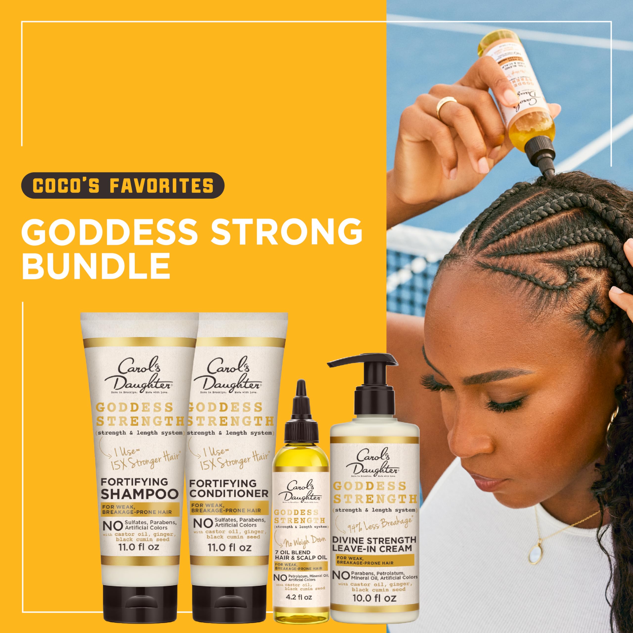 Carol's Daughter X Coco Gauff Goddess Strong Bundle: Hair Care Kit with Shampoo, Conditioner, Leave-In Treatment and Scalp Oil,