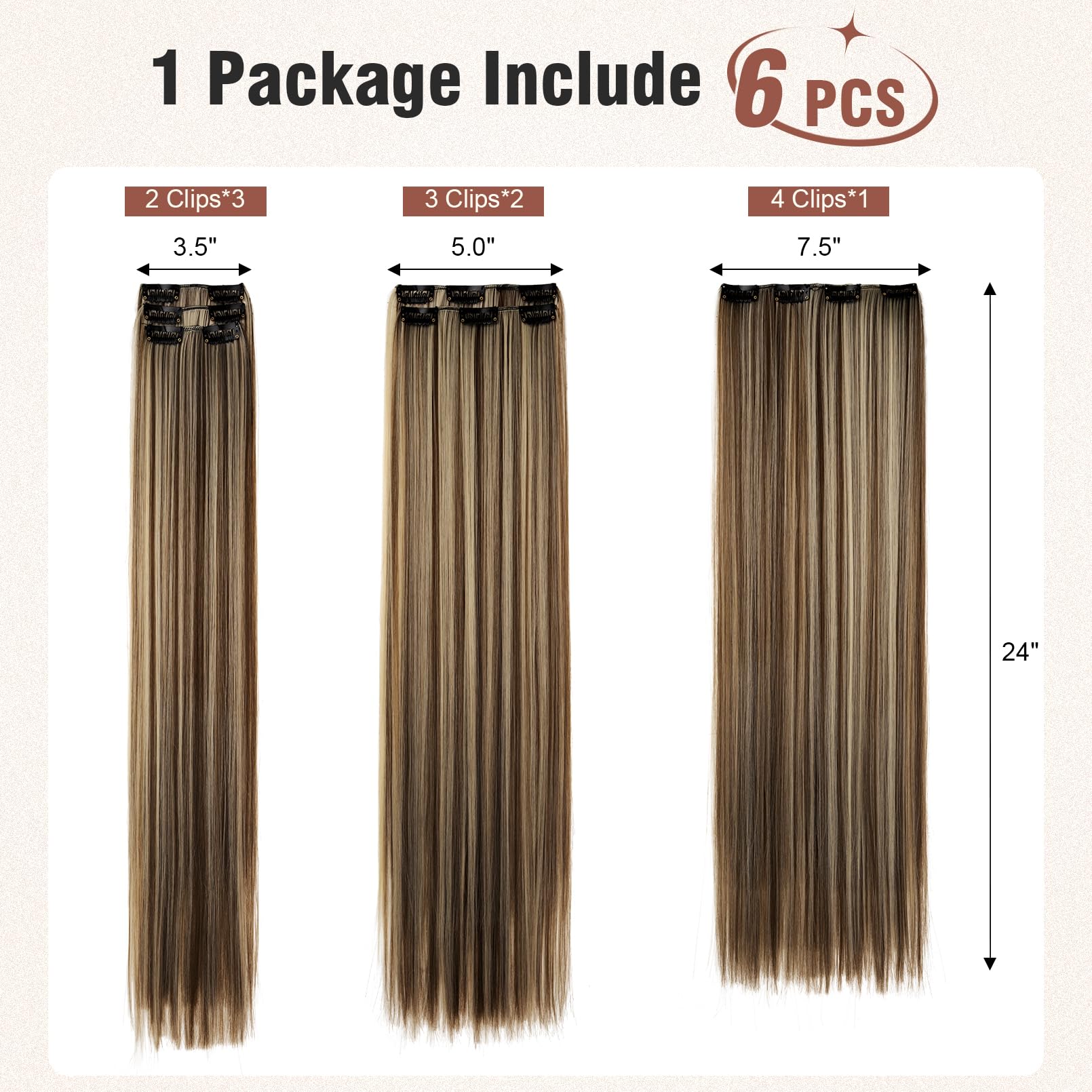 Flufymooz 6Pc Clip In Hair Extensions 24'' Straight Long Extensions For Women Synthetic Hairpiece (Deep Brown With Dirty Blonde)