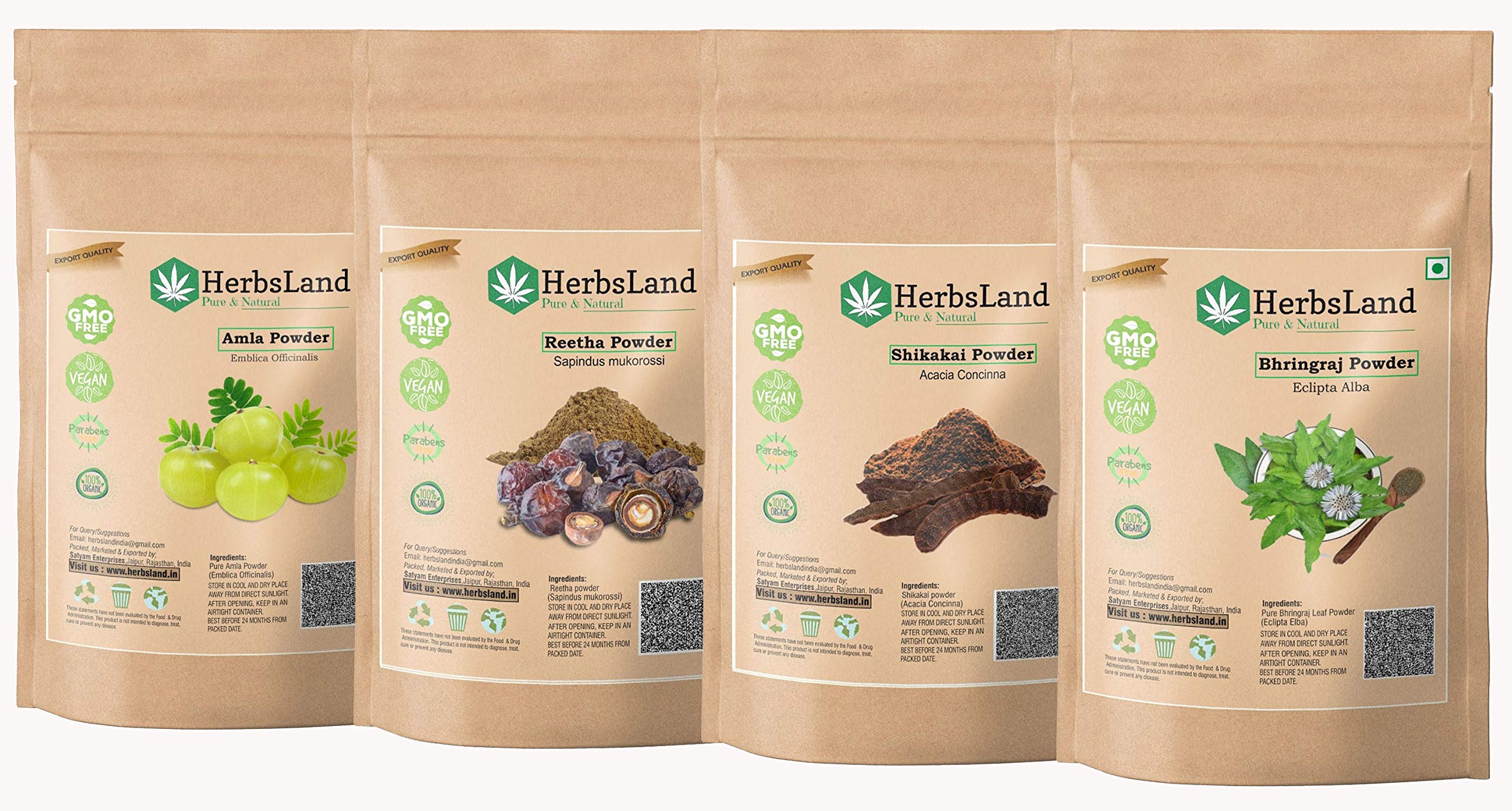 Herbsland Pure Bio Organic Amla Reetha Shikakai Bhringraj Powder For Face, Skin And Hair Care| Shiny Hair Growth With AntiDandr