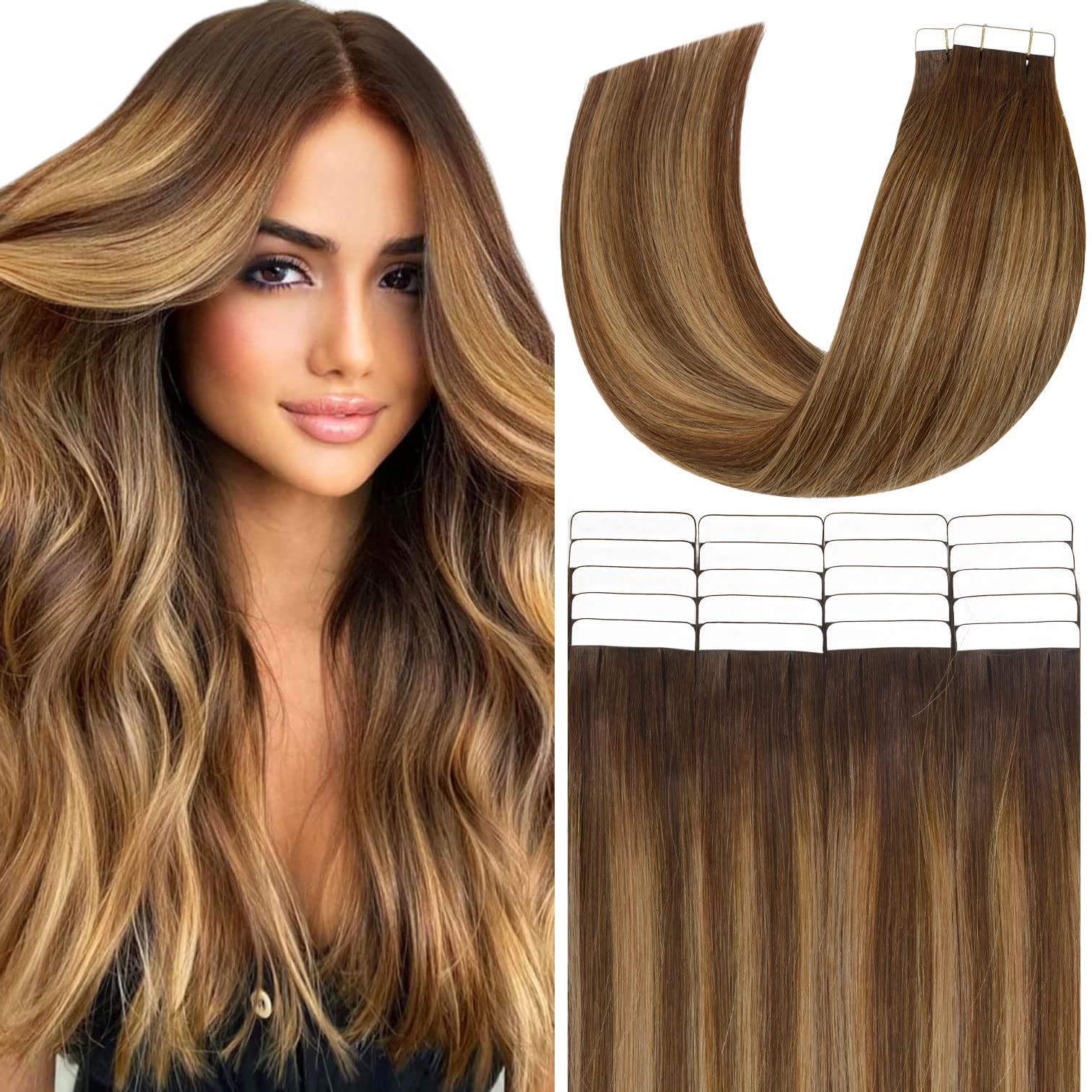 Anrosa 20Pcs 50G Tape In Hair Extensions Ombre Chocolate Brown To Caramel Blonde Remy Human Hair Extensions Balayage Seamless St