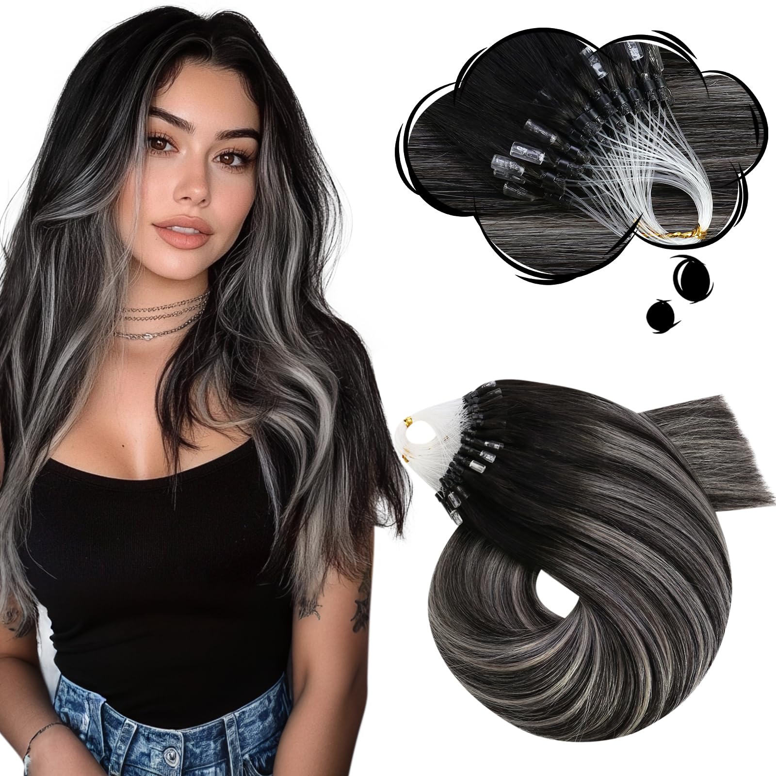 Moresoo Balayage Hair Extensions Micro Loop Human Hair Extensions Off Black Ombre Silver Micro Ring Hair Extensions Human Hair O