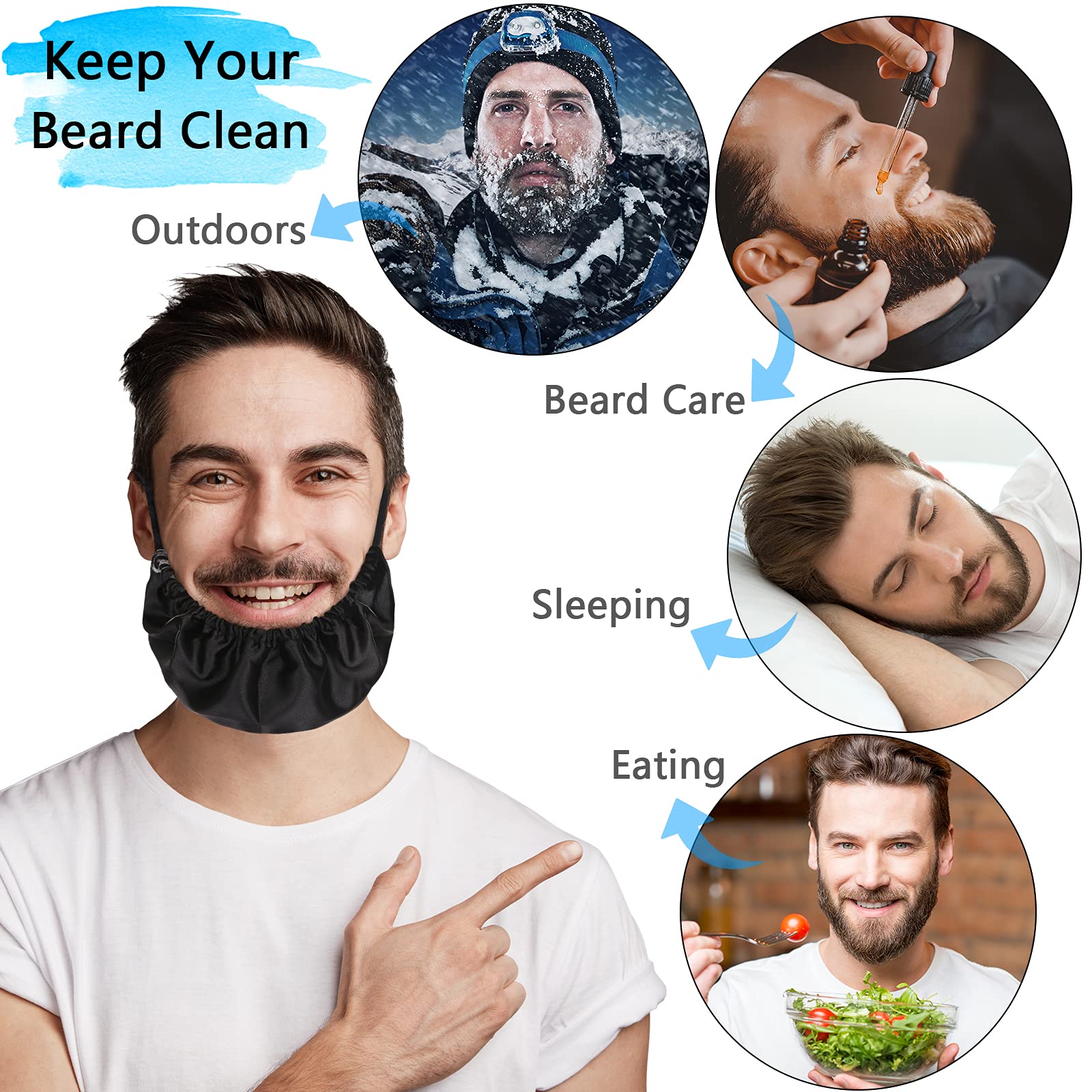MIKIMIQI Beard Bandana Bib, 2 Pack Black Satin Beard Covers, Large Facial Hair Apron, Model A12-450