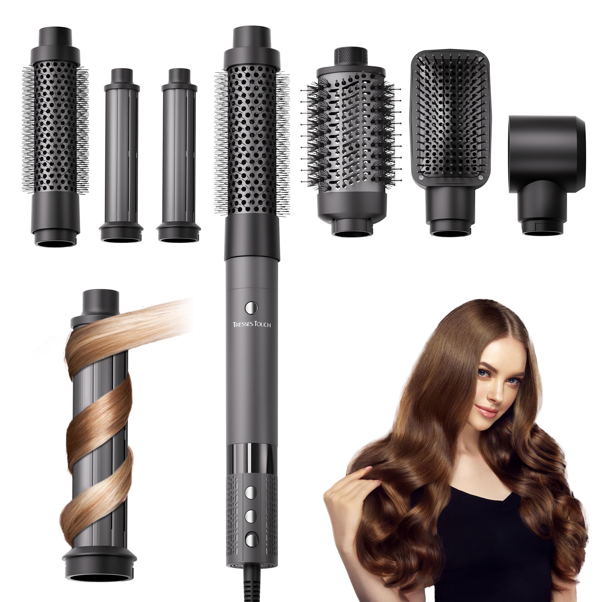 6 in 1 Hot Brush Hair Styler, Blow Dryer Brush Set, Travel Hair Dryer Brush with AutoWinding Curl L/R, Fast Drying, Smooth Blow