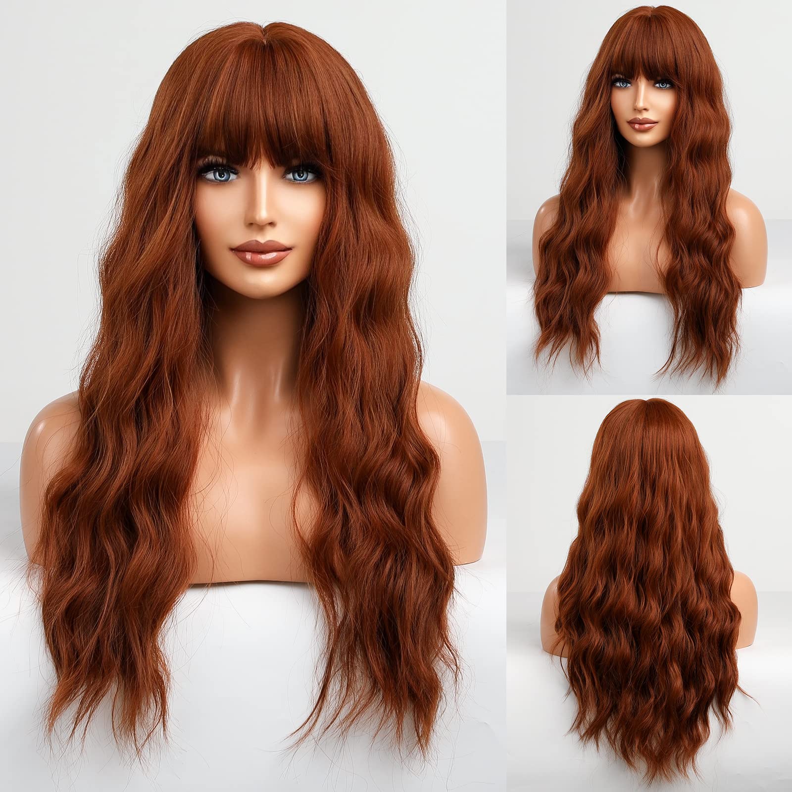 HAIRCUBE Orange Wig with Bangs Long Copper Red Curly Wigs for Women Long Auburn Wig Heat Resistant Natural Synthetic Wig for Dai
