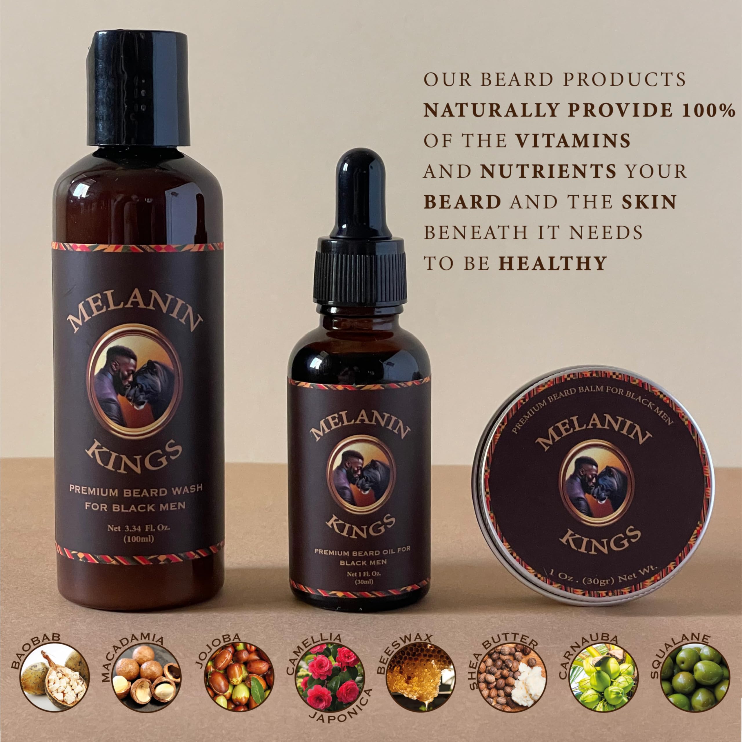 Melanin Kings Beard Grooming Kit - 6 Piece Set with Natural Ingredients, Brown and Kente Pattern