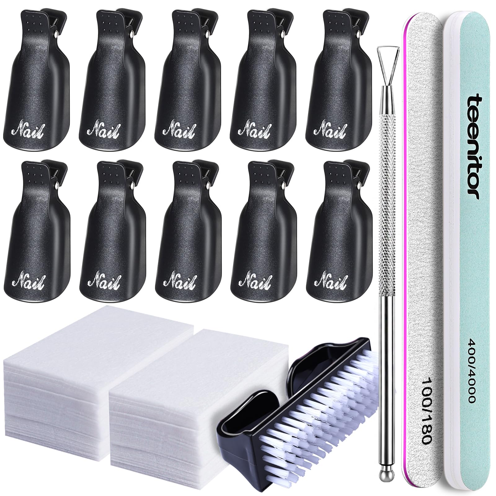 Teenitor Nail Gel Remover Tools Kit with Nail Remover Clips, Nail Remover Pads, Nail Brushes, Nail File Buffer, Cuticle Peeler B