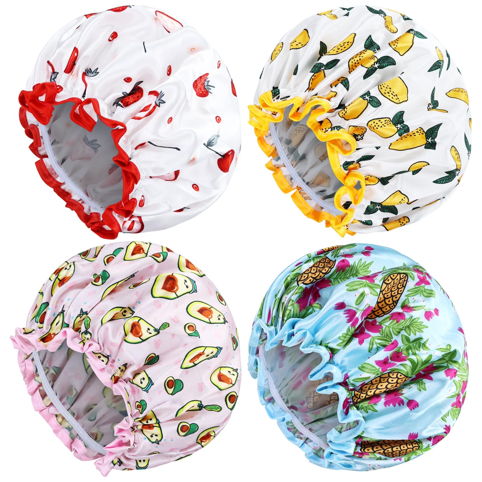 Lawie 4 Pack Double Layer Waterproof Reusable Satin Shower Caps With Adjustable Bath Hair Caps Stretchy Peva Bathing Hats Bonnet