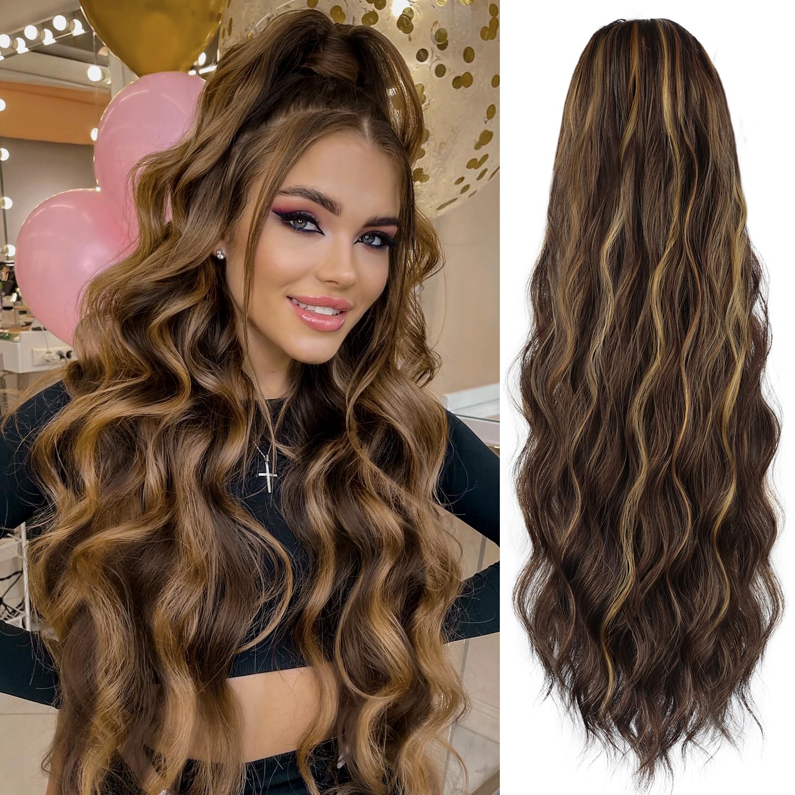 FREEMEIGE Ponytail Extension for Women Long Wavy Drawstring Ponytail Extension Synthetic Highlight Clip in Ponytail Hair Extensi