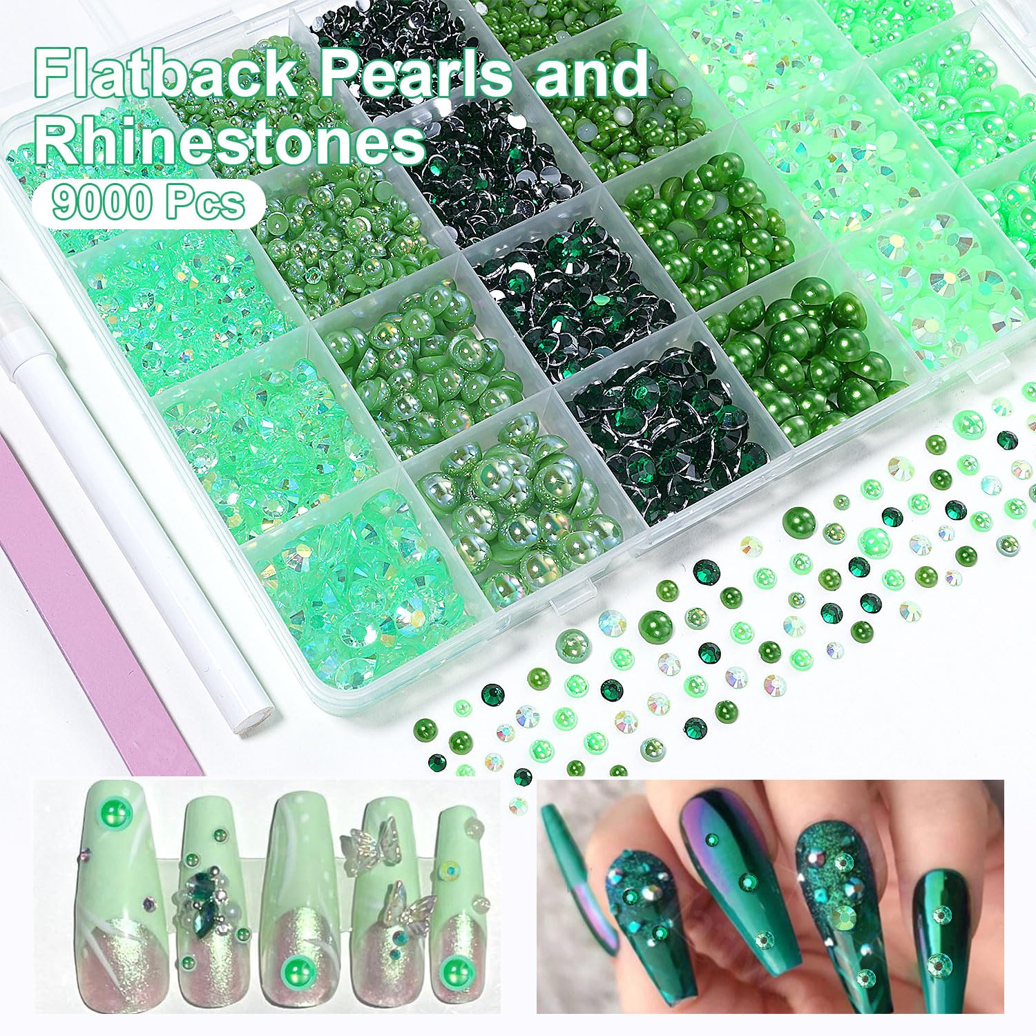 9000 Pcs Green Flatback Pearls and Rhinestones for Crafts, 3/4/5/6mm Jelly Resin Rhinestones, Mixed Size 3/4/6/8mm Half Pearl Be