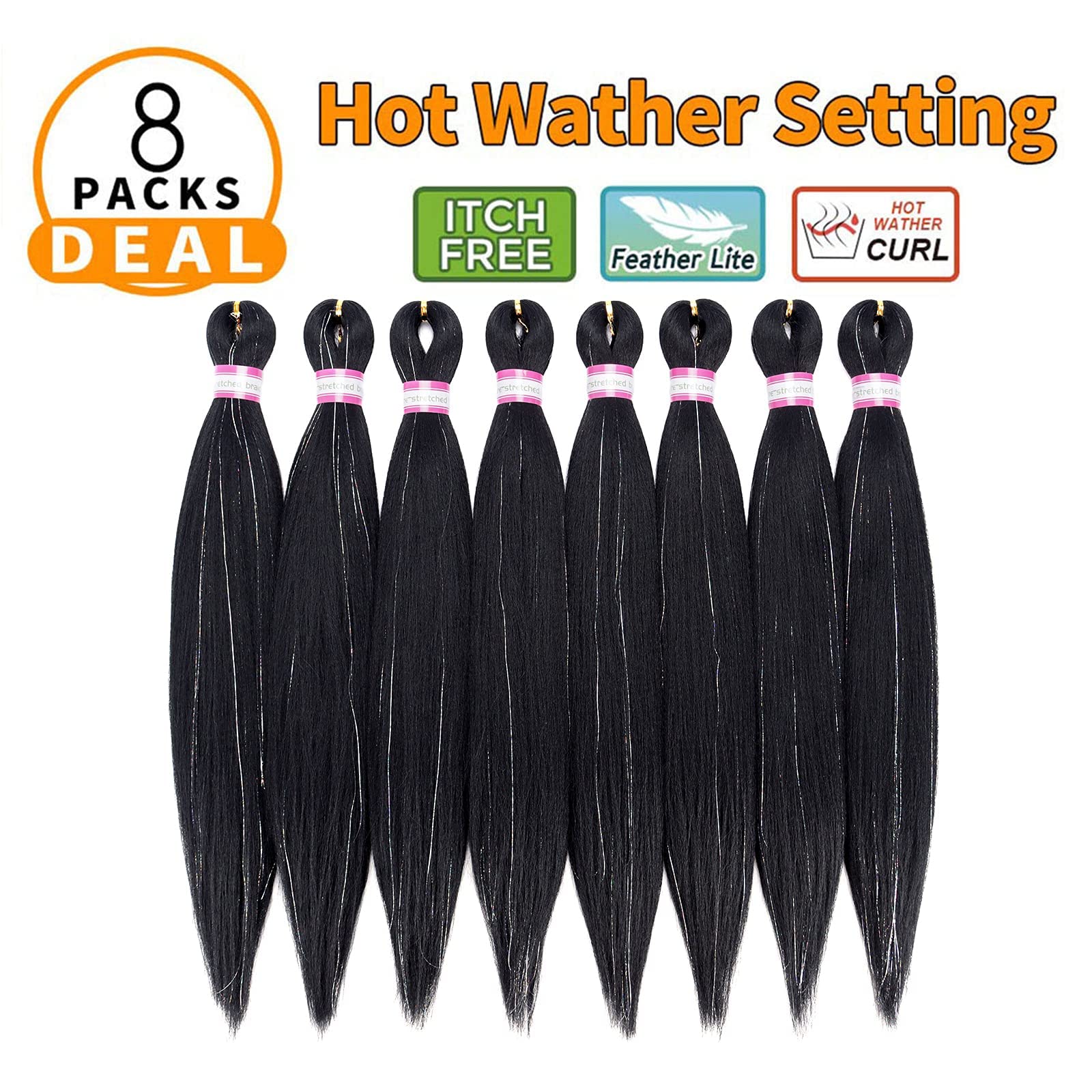 Pre Stretched Braiding Hair 8 Packs 20 Inch With Tinsel Hair Long Professional Hair For Crochet Twist Braids Itch Free Hot Water