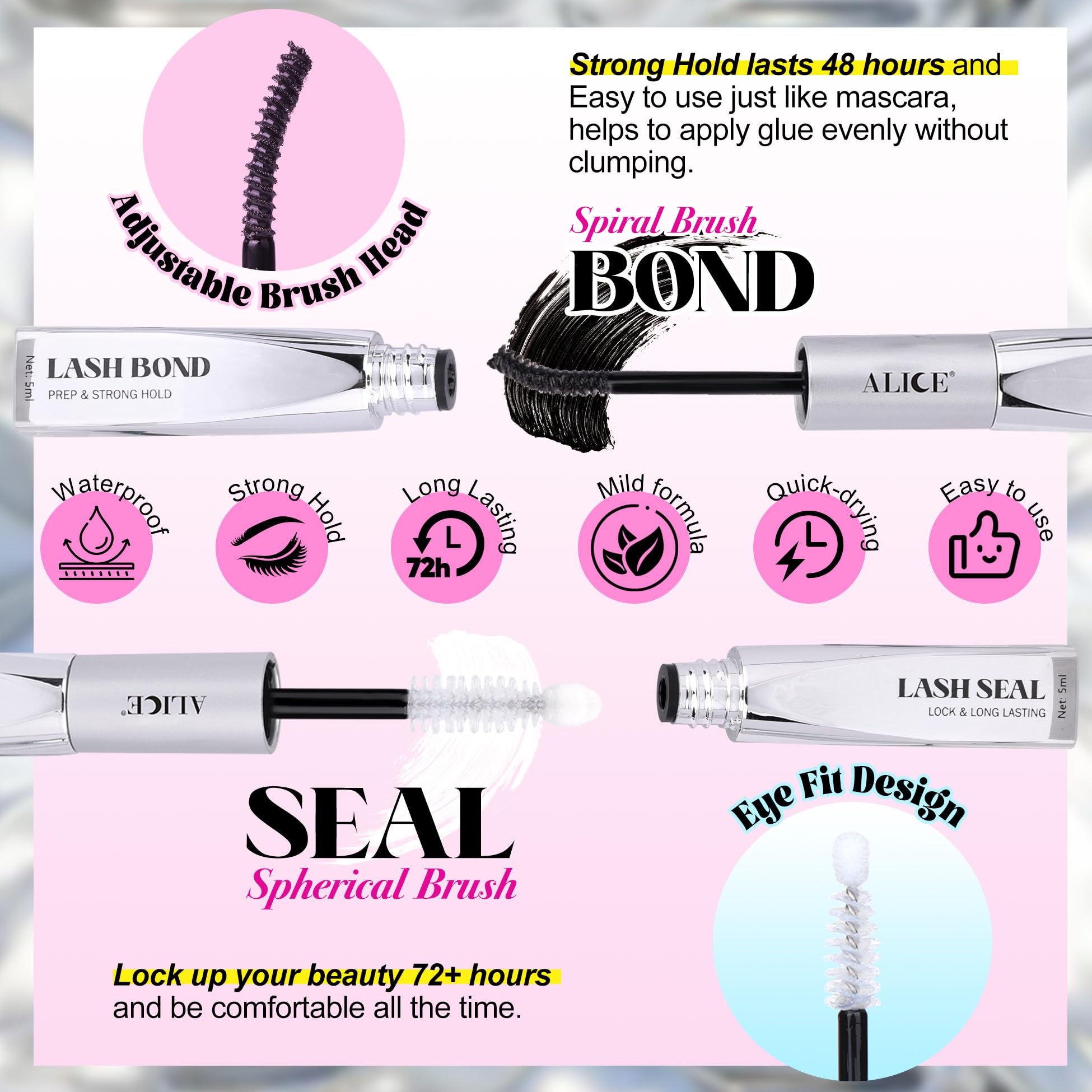 ALICE Waterproof Eyelash Glue for Lash Extensions - Strong Hold Adhesive, Black, Long Lasting 48-72 Hours