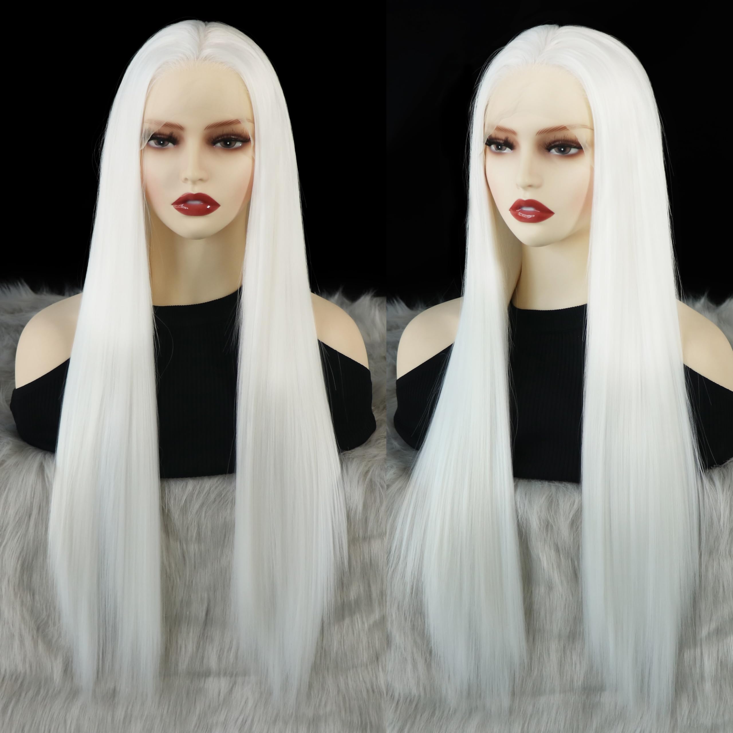 WXHWCX White Synthetic Lace Front Wig Straight Free Part Heat Resistant Fiber Hair Glueless Lace Wigs For Women Party Use Lace W