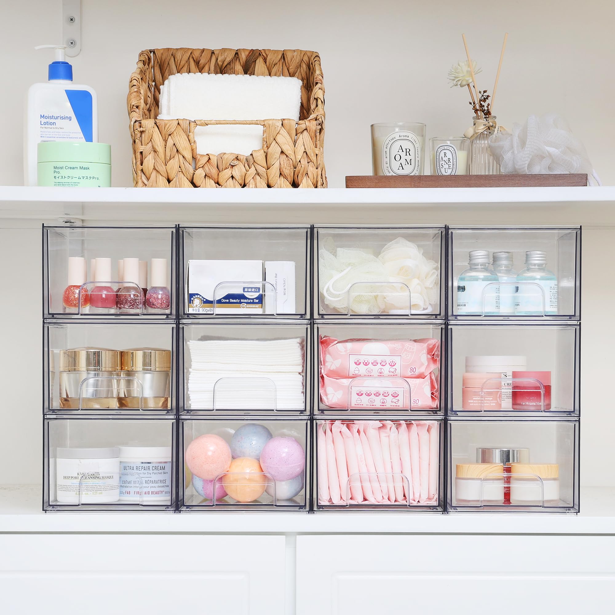 Vtopmart 4Pack Stackable Storage Drawer, 4.4'' Tall Bathroom Makeup Organizer,Plastic Storage Bins For Vanity, Undersink, Kitche