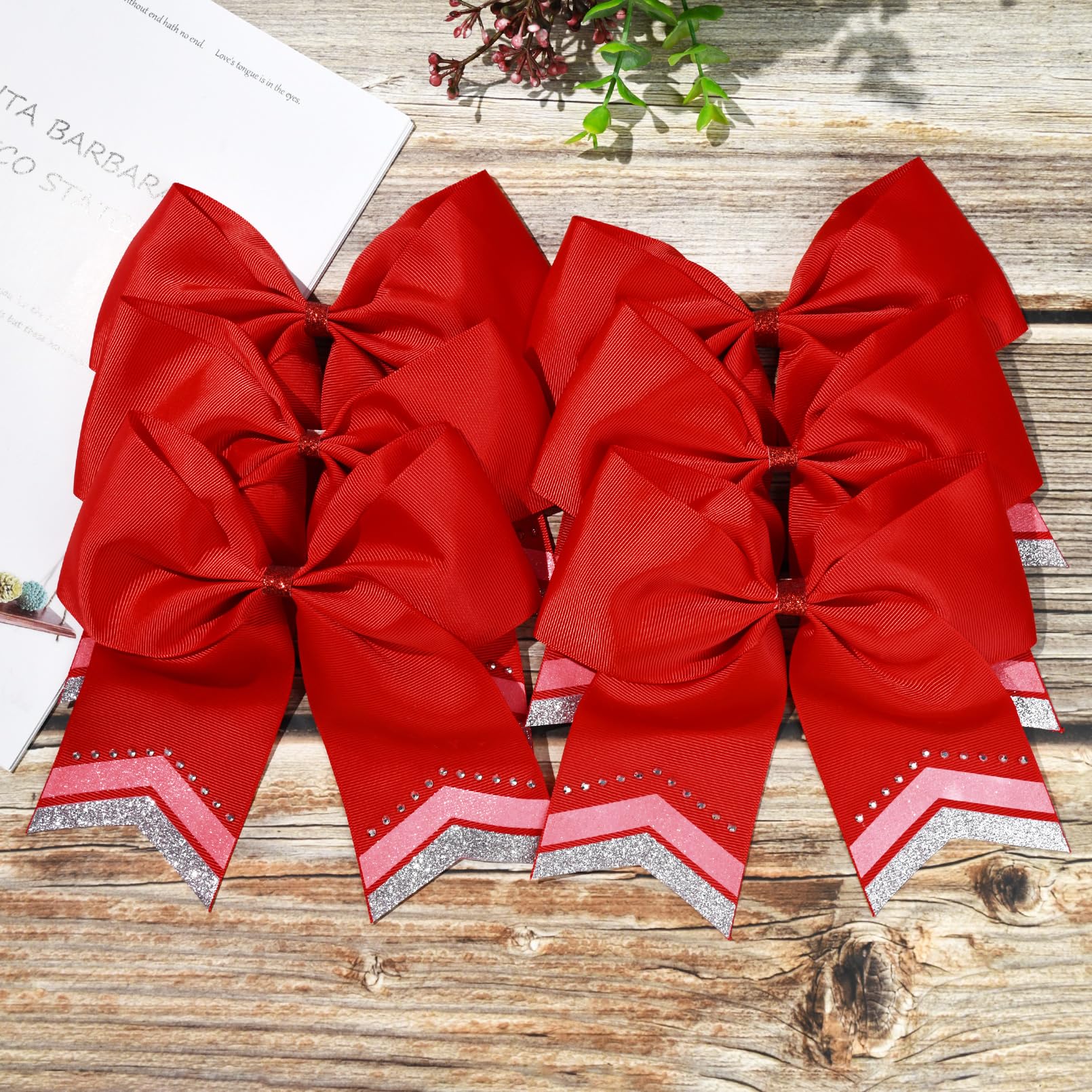 Large Glitter Hair Bows Set Of 8 - 8'' Red Rhinestone Sequin Bows For Girls, Teen Cheerleaders, Softball, And Sports