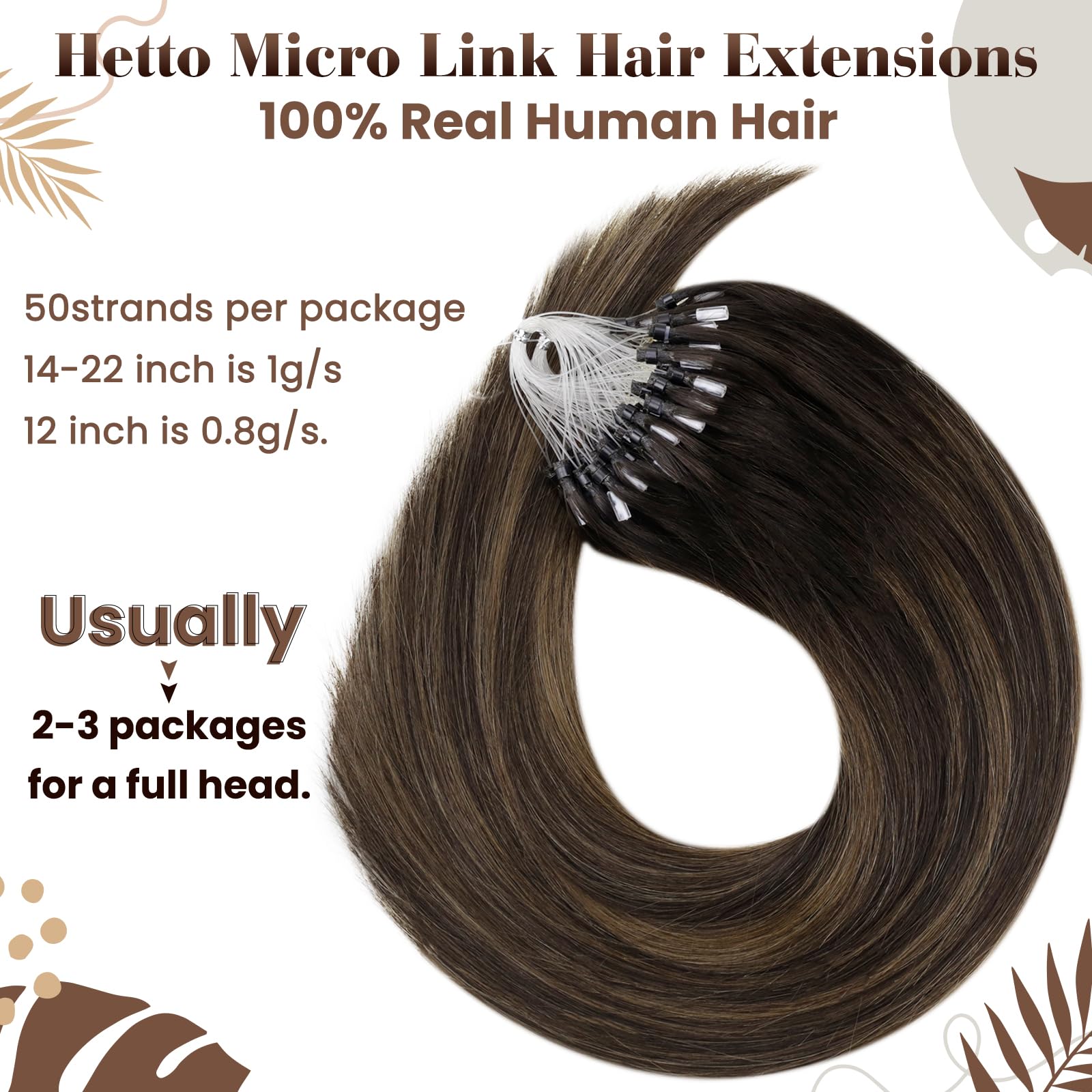 Hetto Micro Beads Hair Extensions Balayage Brown Microlink Hair Extensions Human Hair Micro Loop Real Human Hair Extensions #2/8