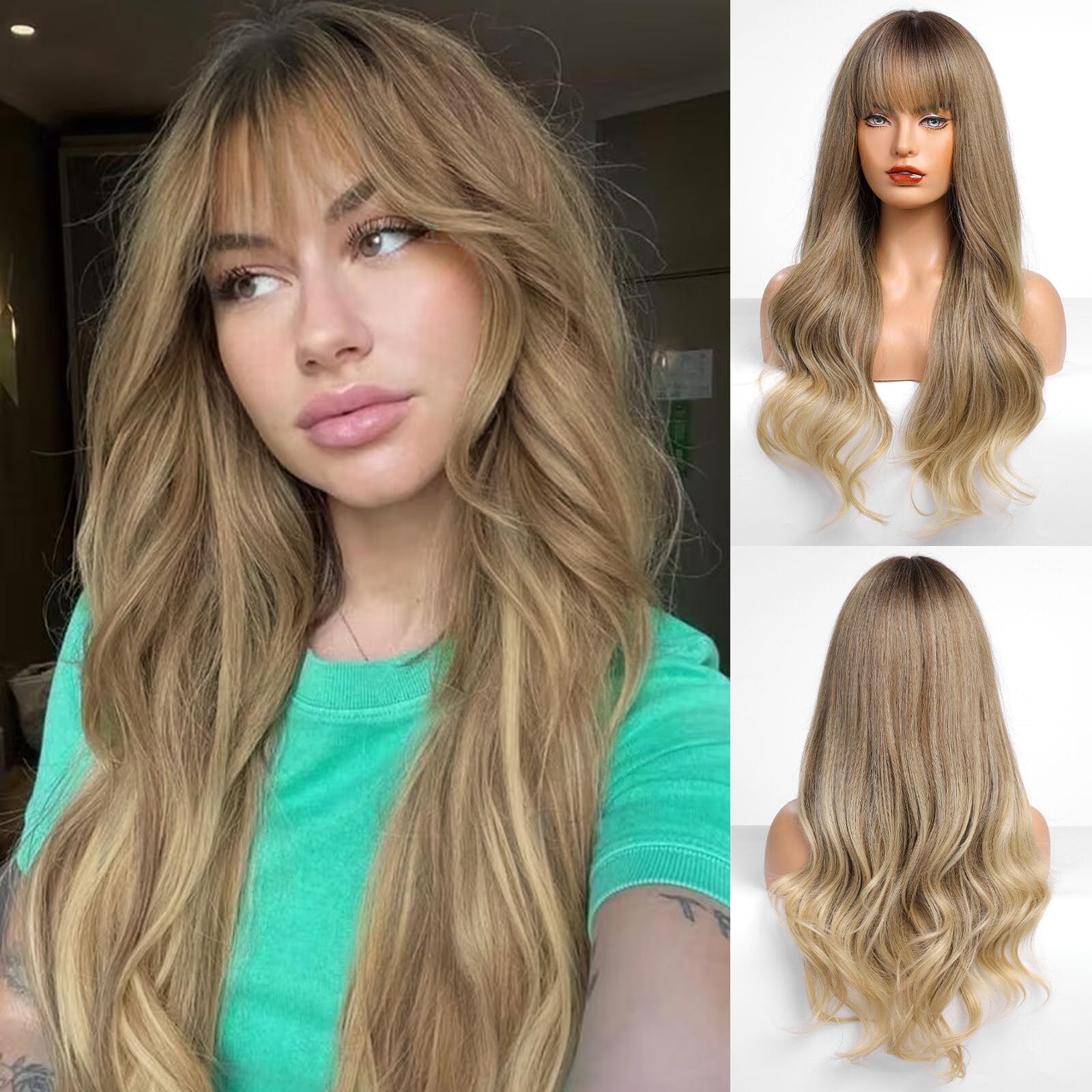 HAIRCUBE Brown to Blonde Wig with Bangs for Women Brown and Blonde Long Wavy Hair Wig Wig Curly Wavy Synthetic Wigs for Girls Da