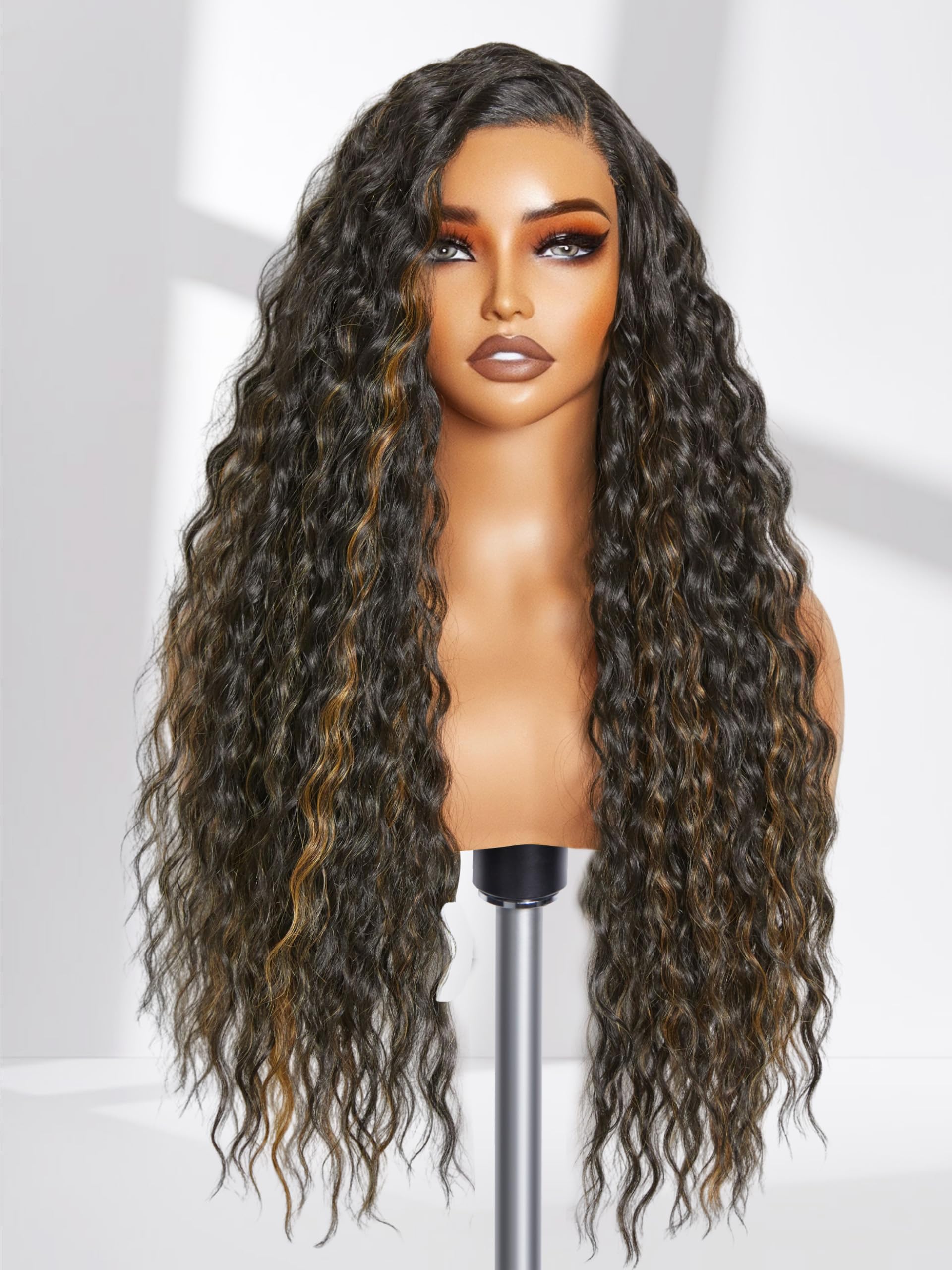 Gorgius Highlight Water Wave Wig Glueless Pre Cut Synthetic Lace Front Wig 28 Inch Side Parted Black Mix Brown Long Wig For Wome