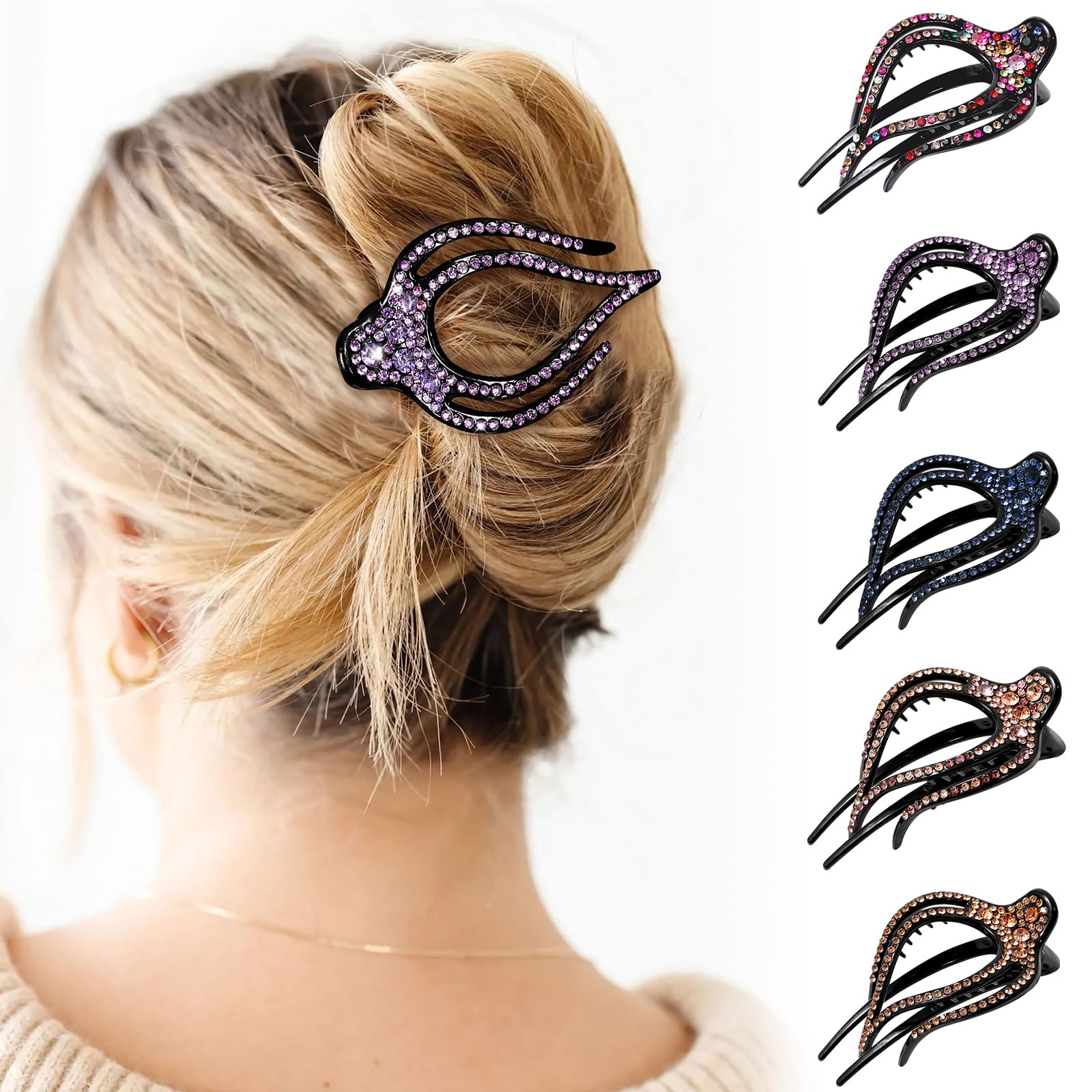 5PCS Rhinestone French Hair Clips for Women Thick Hair No Slip Curved Claw Clips Strong Hold Flat Hair Clip (Curved(Medium,3.74'