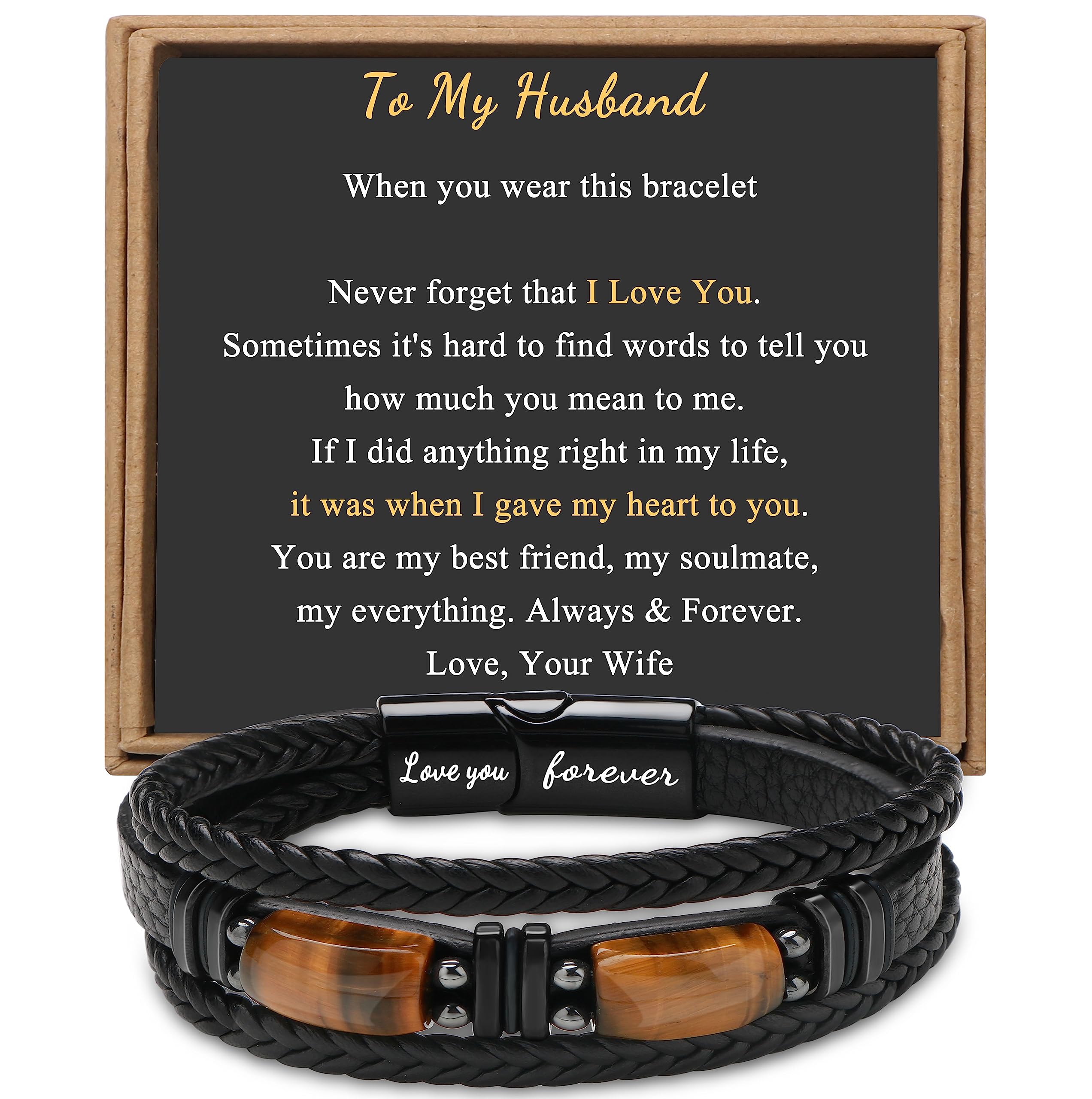 Gifts for Husband from Wife Leather Bracelets for Husband Tiger Eye Stone Anniversary Birthday Love You Forever Mens Black Layer