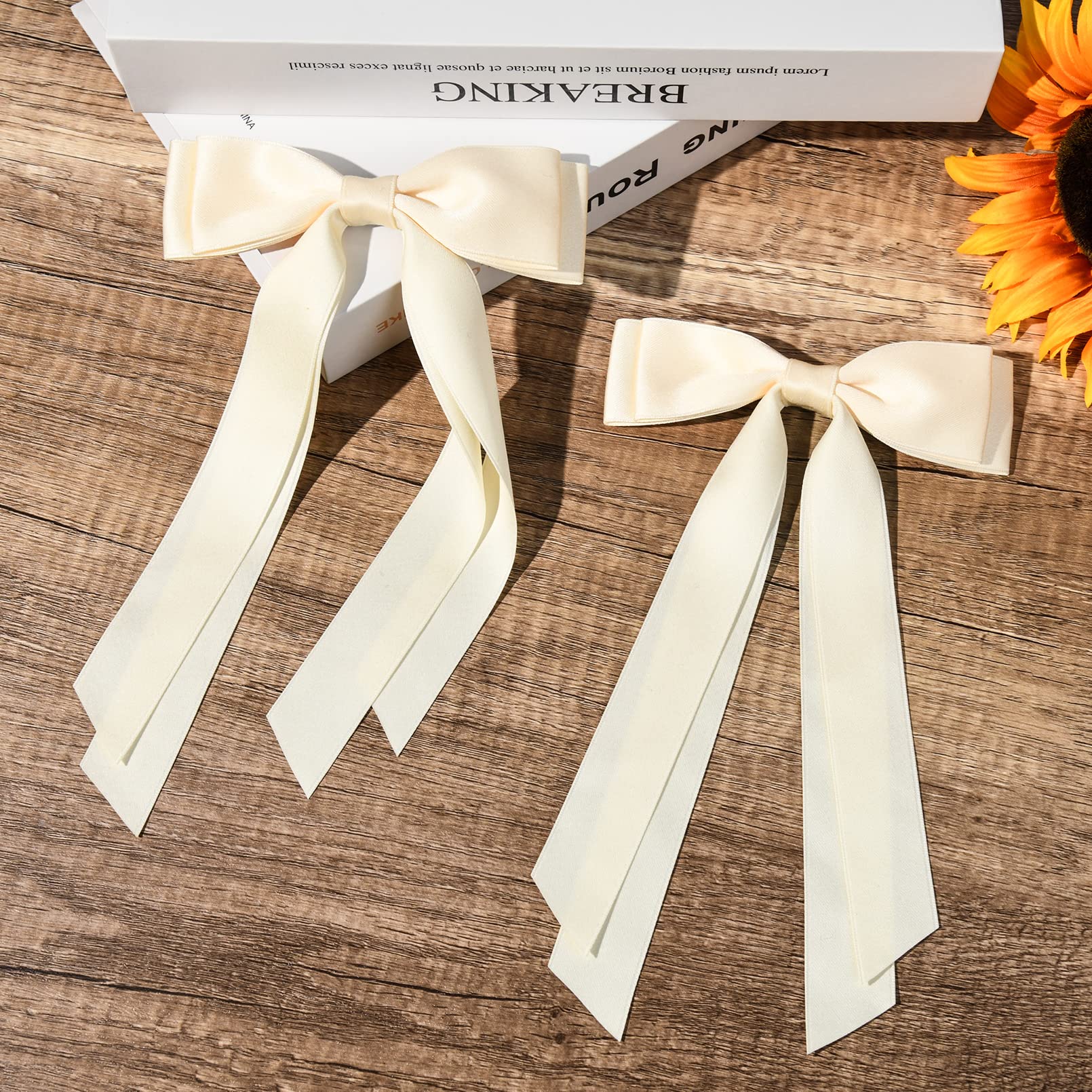 2Pcs Silky Satin Hair Bows Hair Clip Beige Hair Ribbon Ponytail Holder Accessories Slides Metal Clips Hair Bow For Women Girls T
