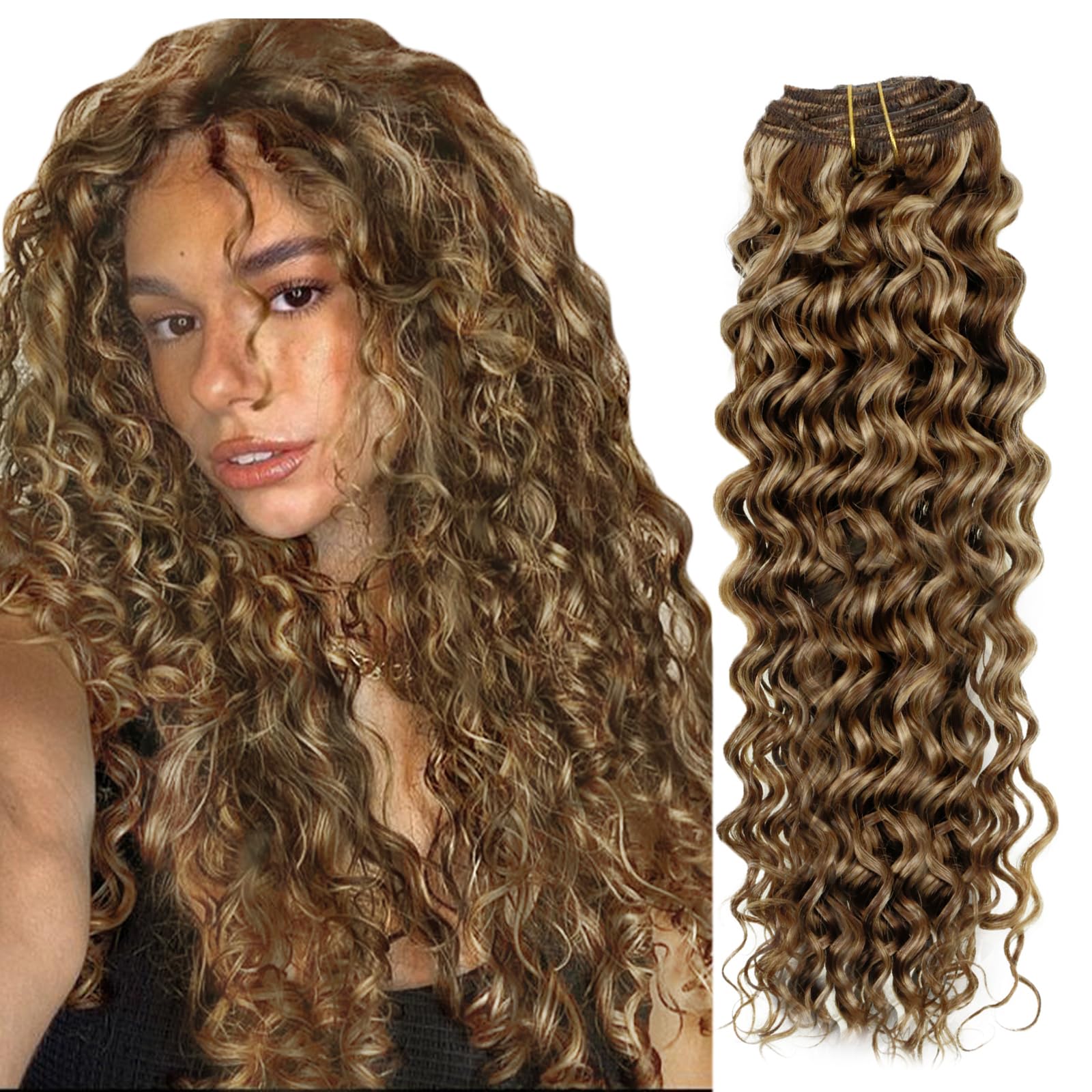 Hetto Curly Clip In Hair Extensions Curly Hair Extensions Water Wavy Human Hair Extensions Clip In #4/27 Brown Highlighted Blond