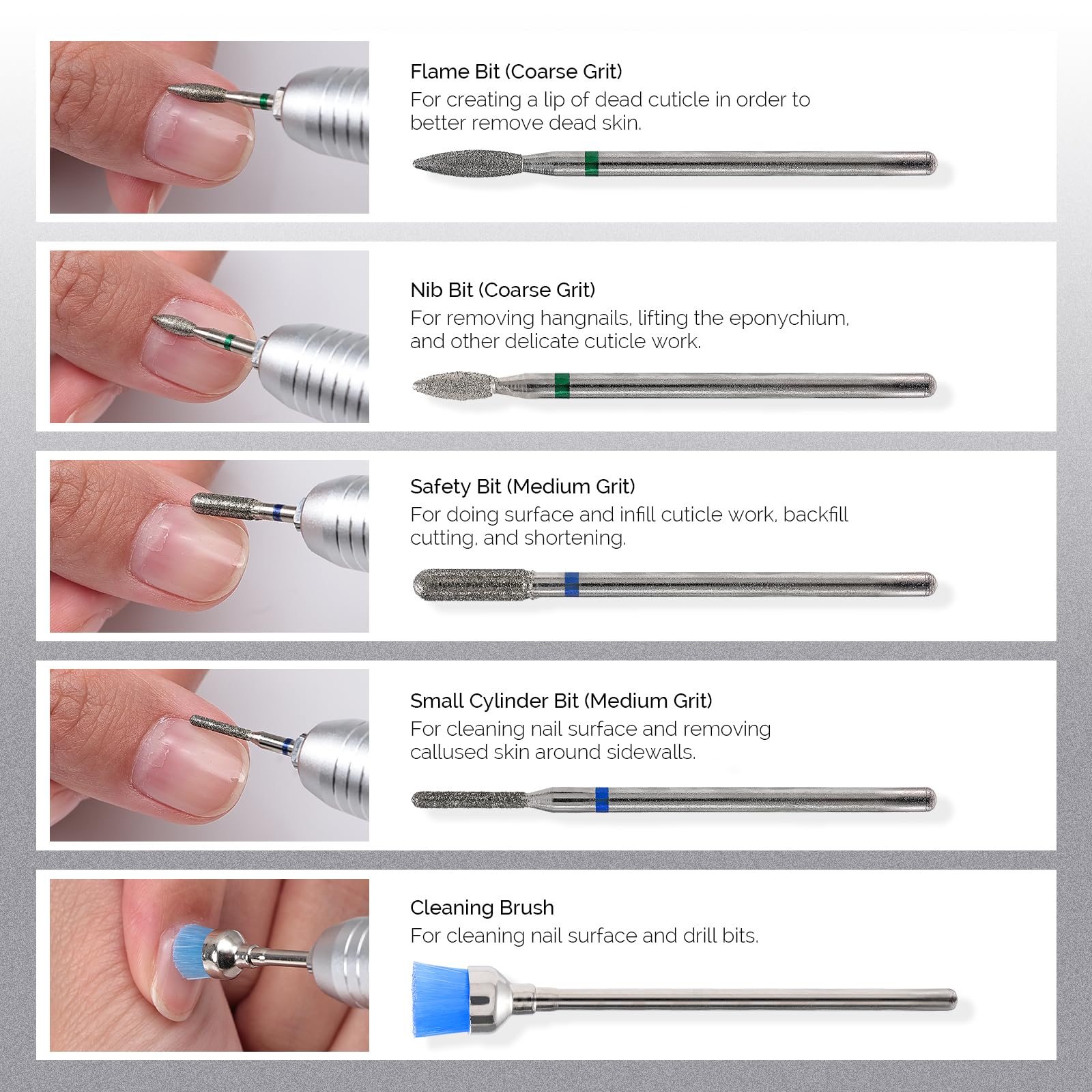 MelodySusie 10pcs Nail Drill Bits Set, 3/32 Inch Diamond Cuticle Nail Bits Kit for Nail Drill E-File, Manicure Pedicure Remover