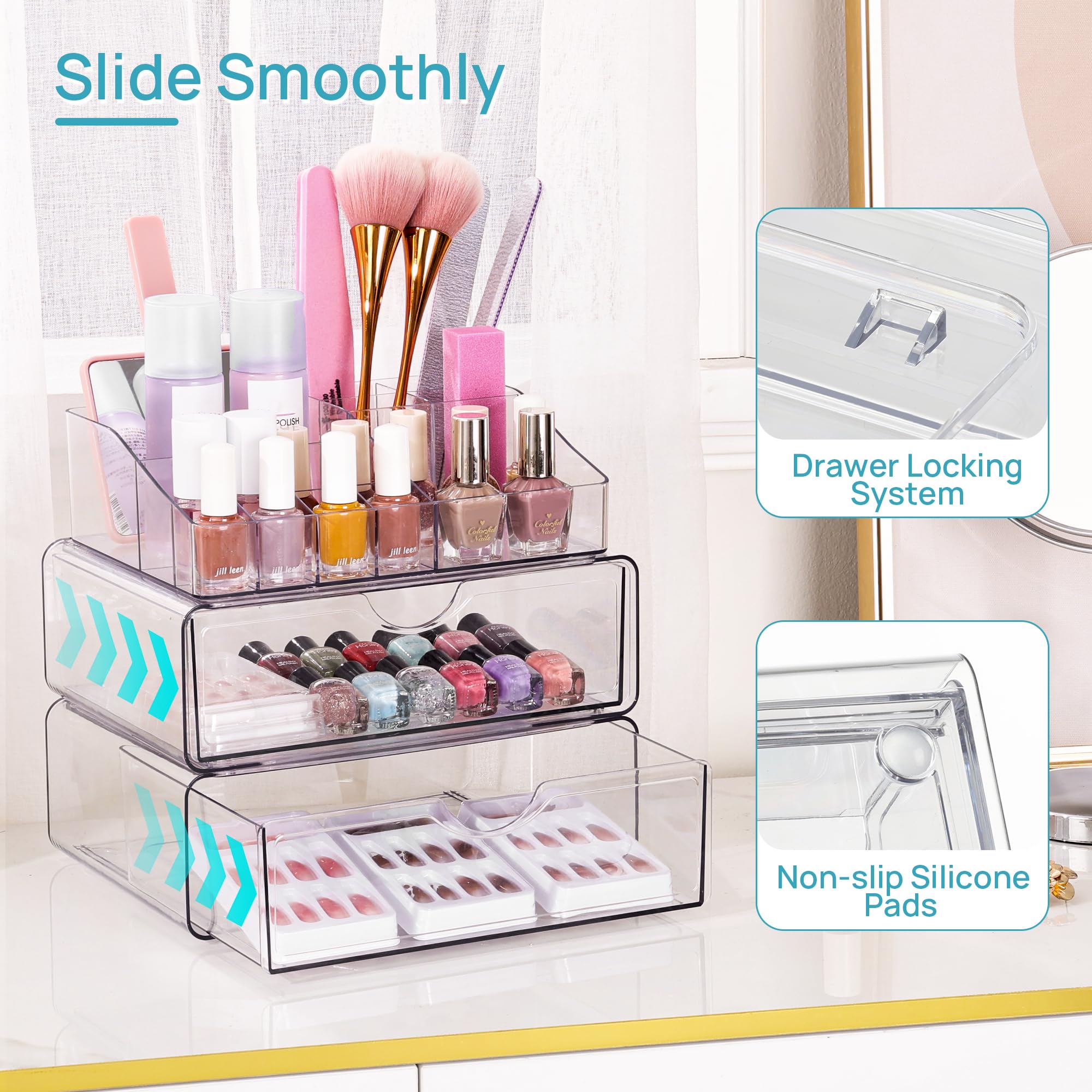 Vtopmart 3 Tier Clear Makeup Organizer With Drawer, Cosmetic Storage For Dresser Countertop And Bathroom Vanity, Beauty Holder F