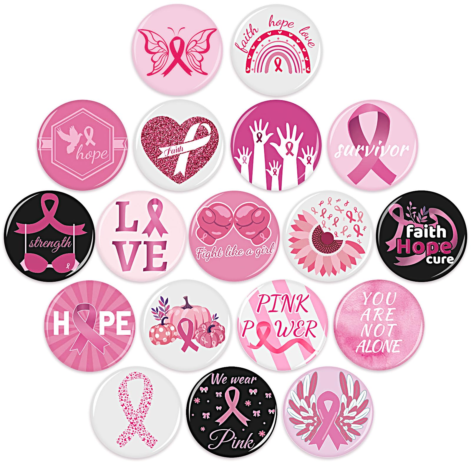SEPGLITTER 54pcs Breast Cancer Awareness Buttons Brooch Pins Pink Hope Ribbon Round Badges for Breast Cancer Awareness Party Fav