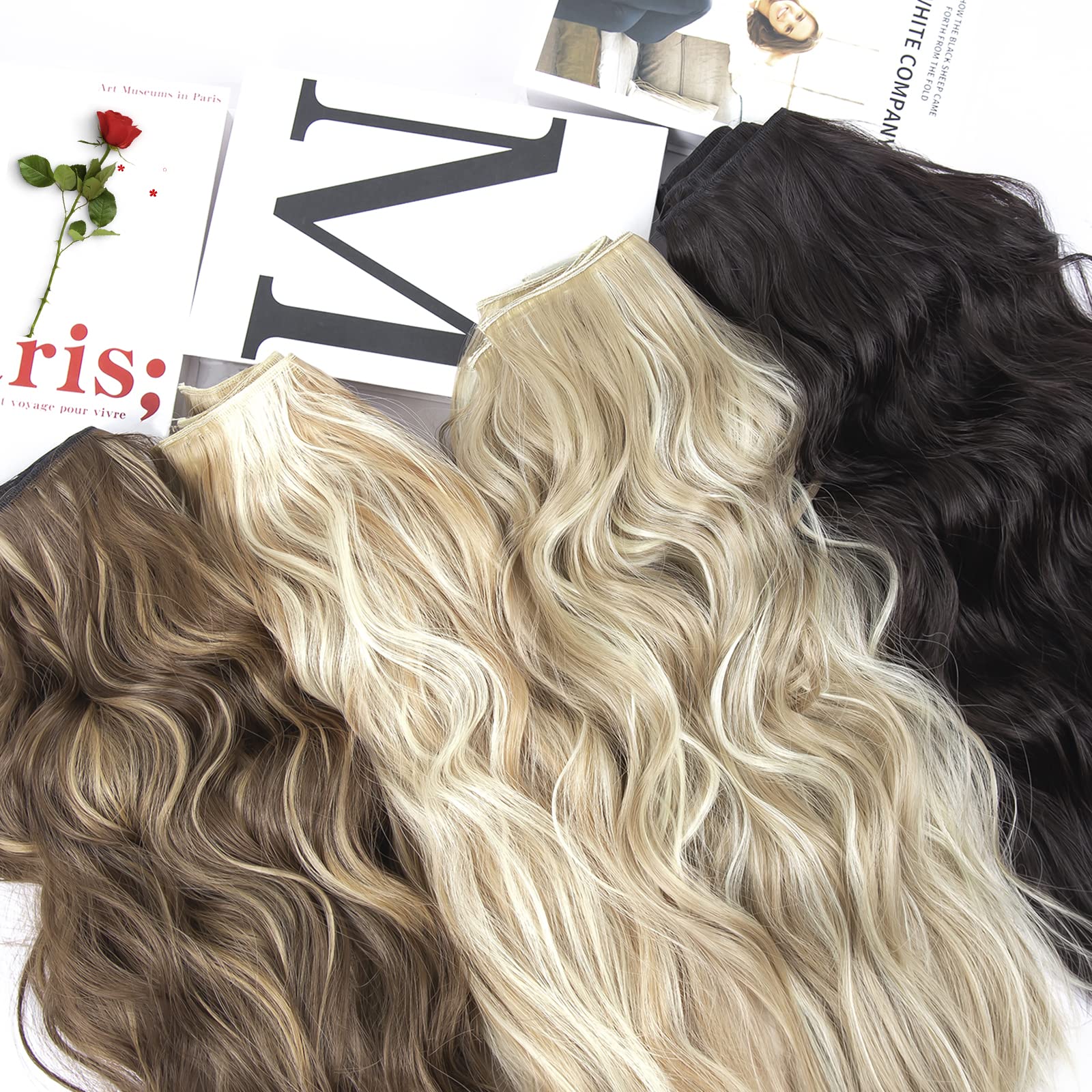 4Pcs Clip In Hair Extensions, 20 Inches Synthetic Light Brown Hair Extensions, Long Curly Hair Extensions Clip Ins (Color:Chocol