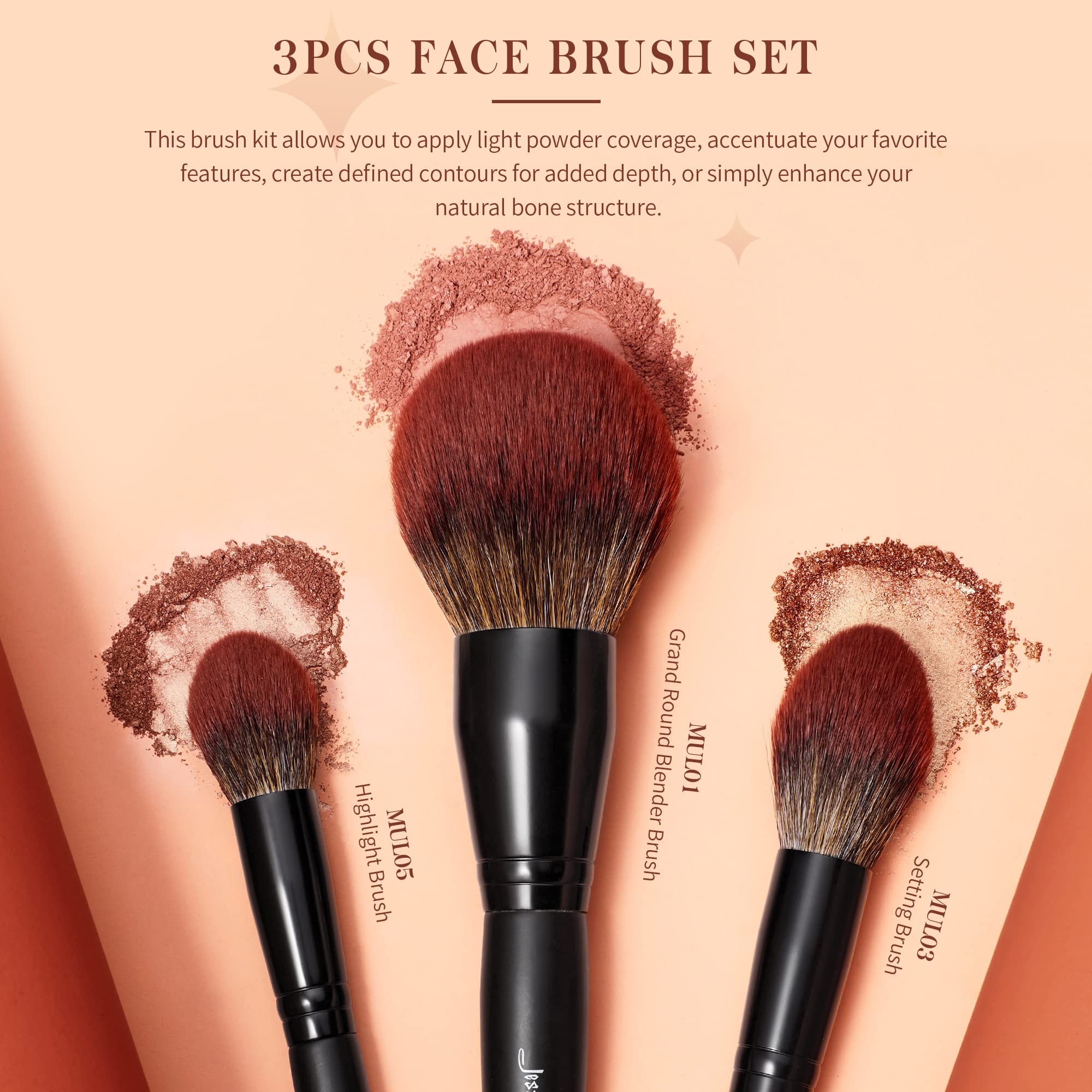 Jessup Large Face Makeup Brushes 3Pcs, Premium Synthetic Powder Contour Highlighter Brush, Phantom Black T274