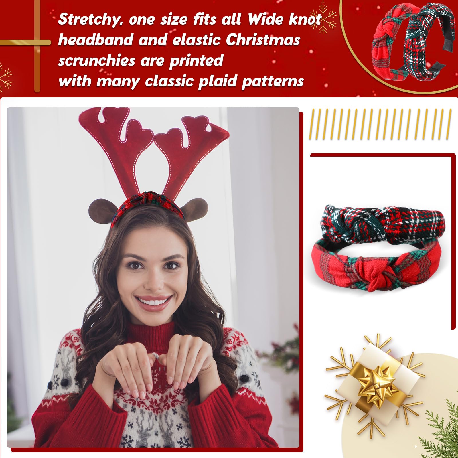 Yilloog 12 Pcs Christmas Knotted Retro Hair Band Snowflake Buffalo Plaid Headband Green Red for Women Wide Accessories Holiday H