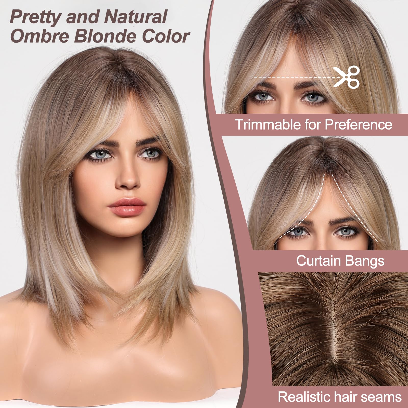 Haircube Ombre Ash Blonde Wigs For Woemn Light Blonde Straight Wig With Curtain Bangs Shoulder Length Natural Synthetic Wig For