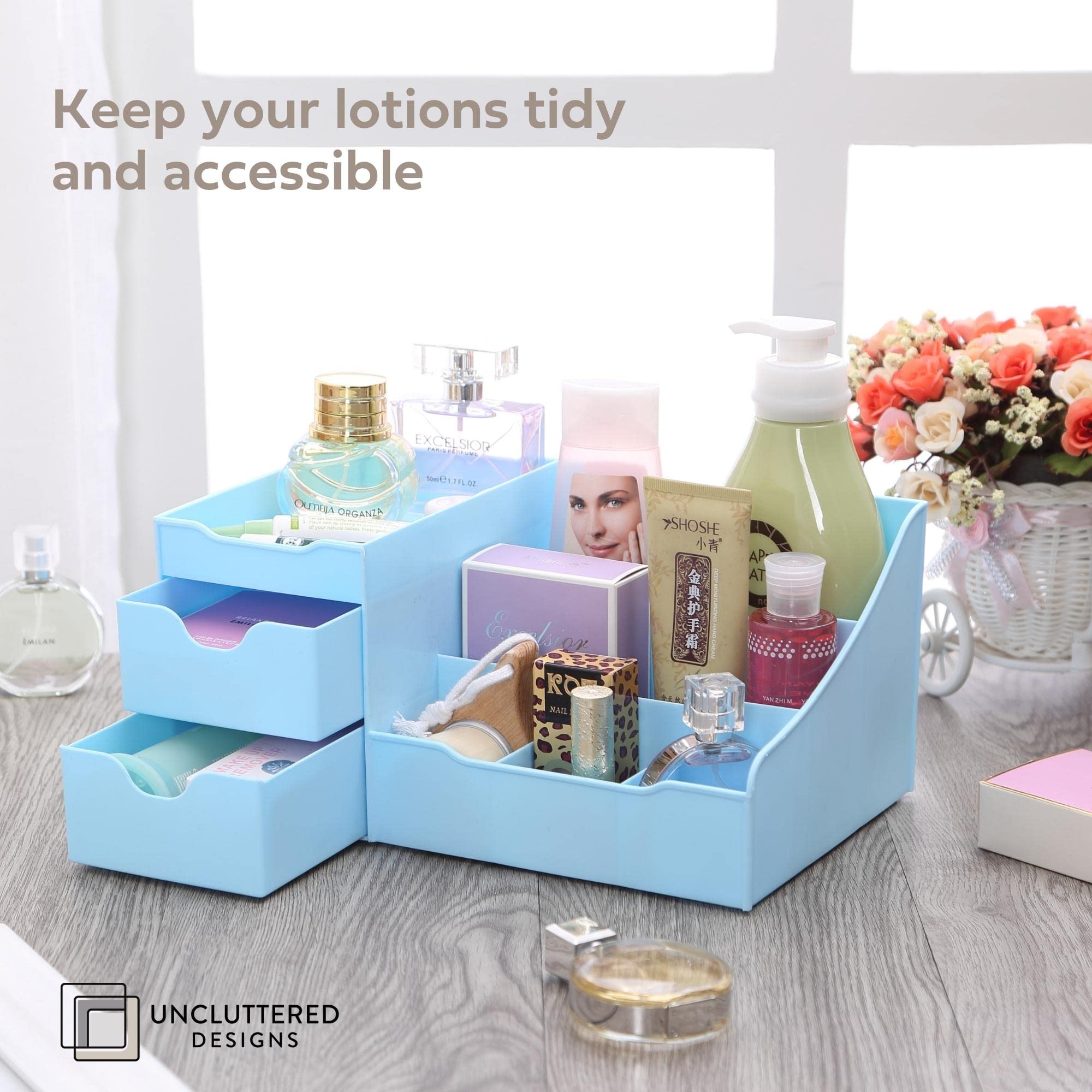 Uncluttered Designs Makeup Organizer With Drawers - Modern Countertop Storage For Cosmetics - Chic Vanity Holder For Cologne, Sk