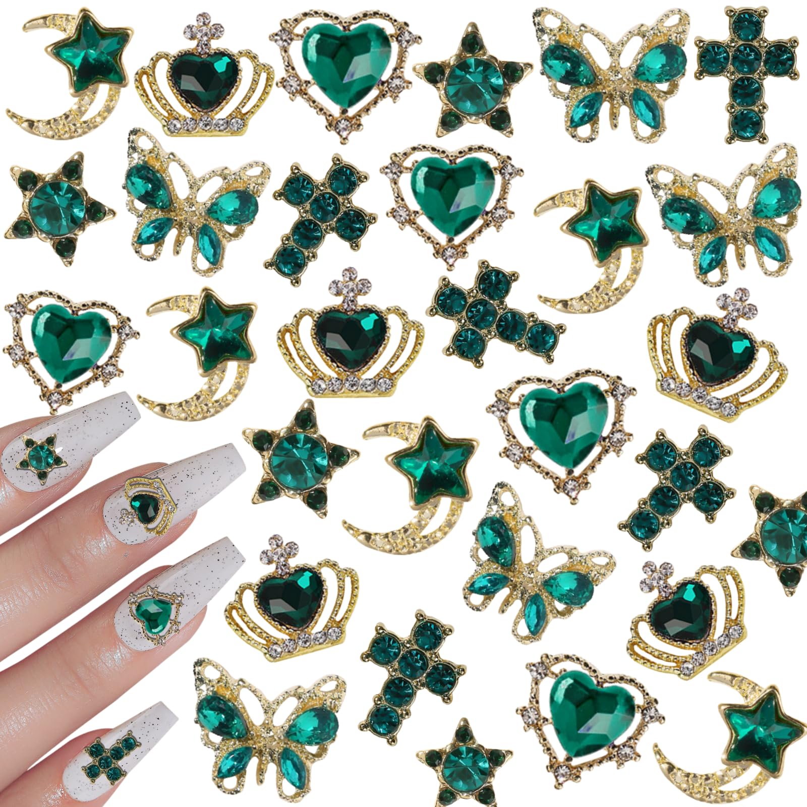 Edittime Metal Alloy Nail Charms Rhinestones Kit 3D Gold Silver Stars Butterfly Heart Rose Flower Nail Gems Shiny Crystal Rhines