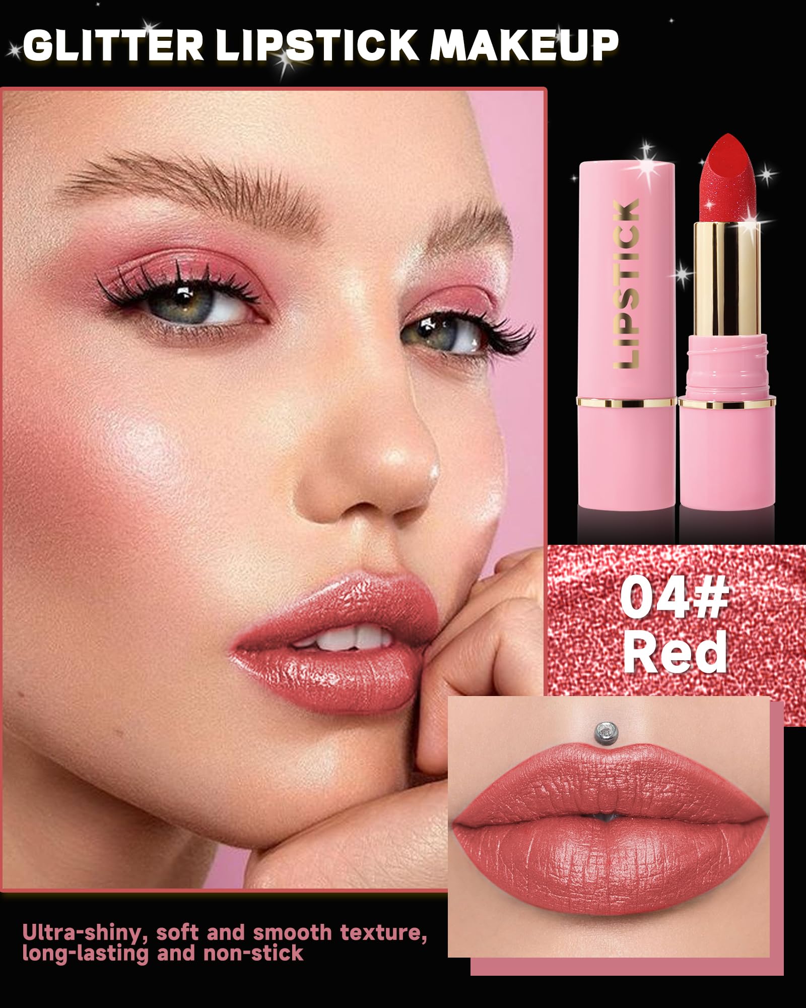 Diamond Glitter Matte Lipstick,Red Metallic Shimmer Lip Gloss Lip Tint,Longlasting Waterproof Non-Stick Lip Color,Full Coverage