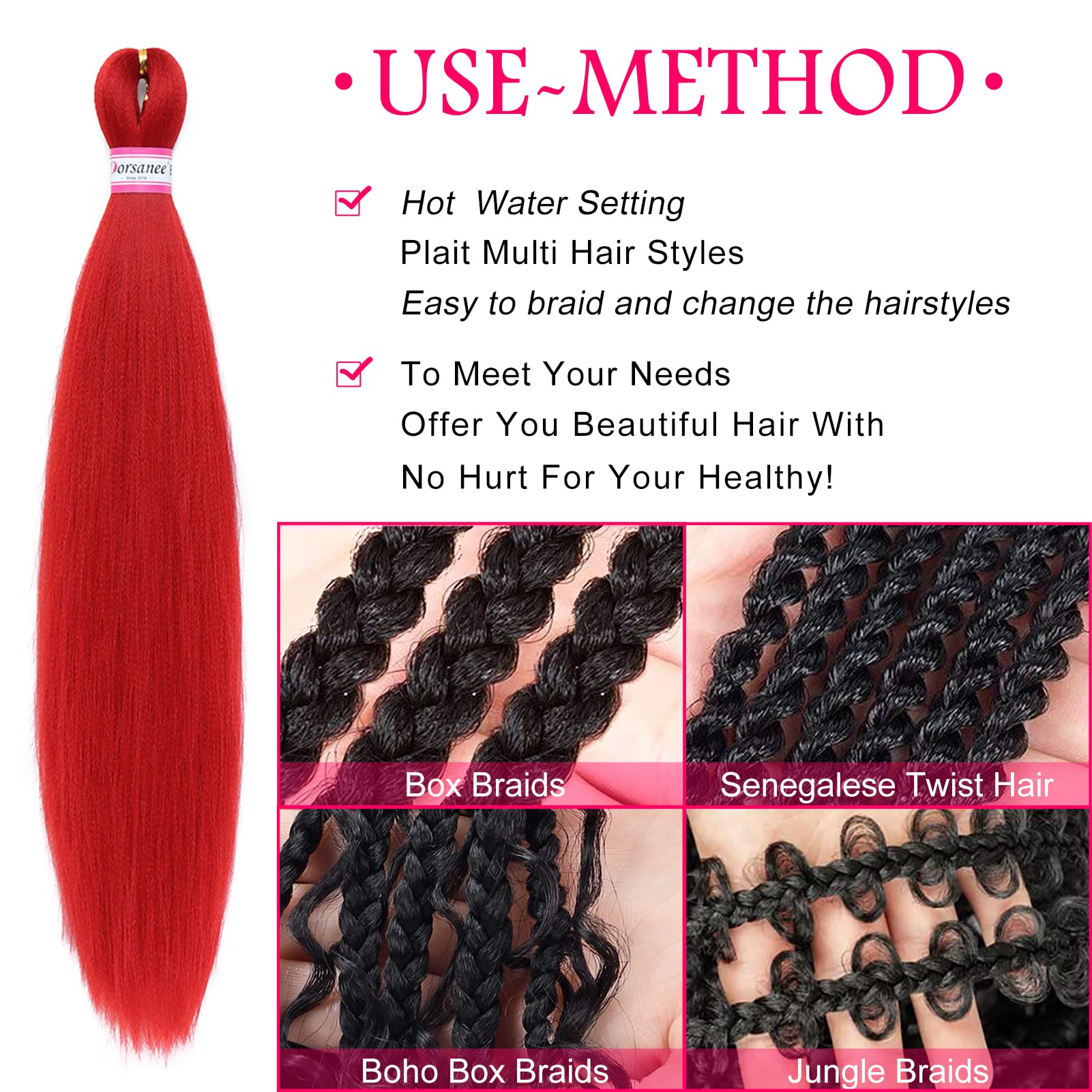 Red Braiding Hair Pre Stretched 20 Inch 8 Packs Braiding Hair Extensions For Crochet Box Braids Twists Locs Hair Soft Yaki Textu