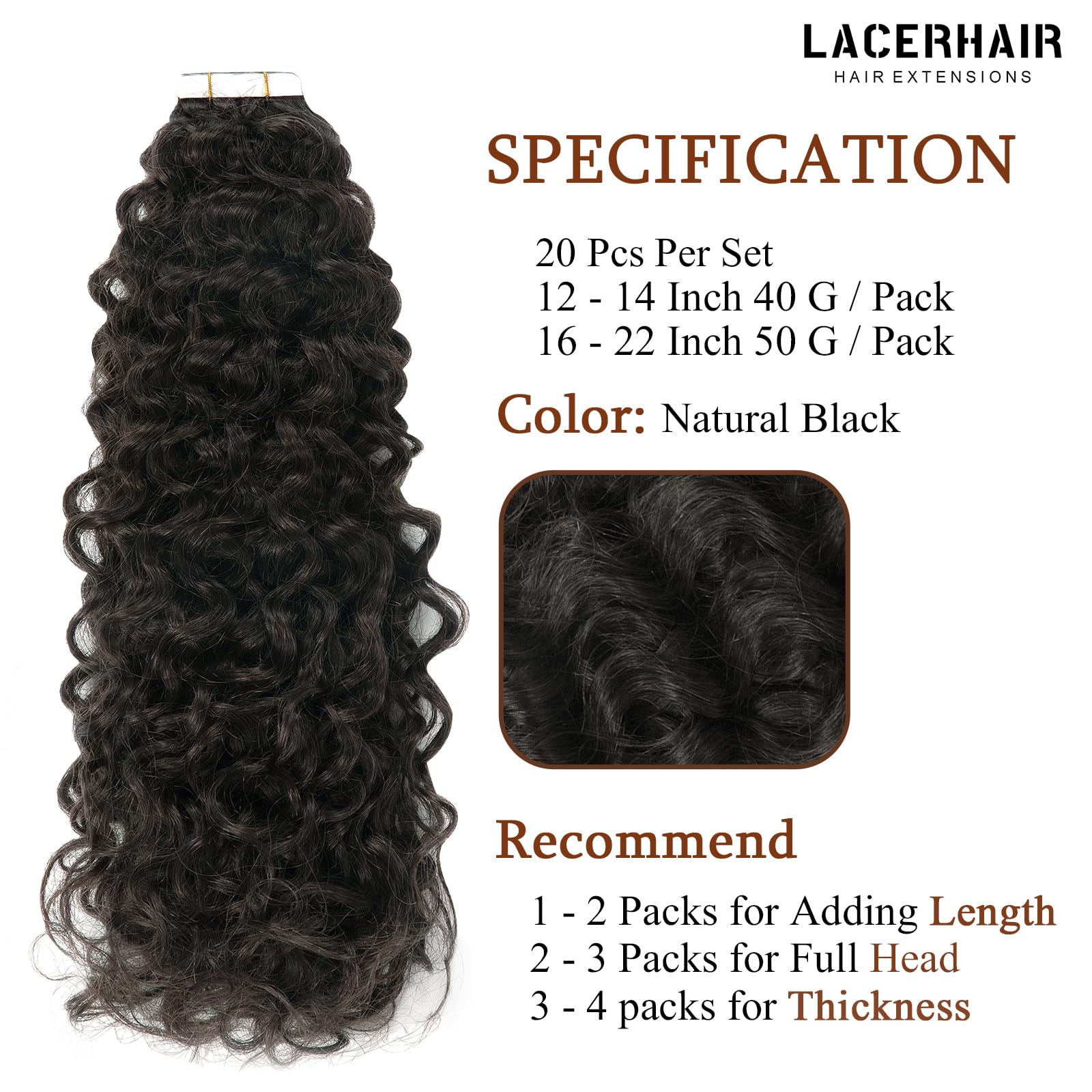 Lacer Curly Tape In Hair Extensions Real Human Hair Extensions 14 Inch Natural Black 1B Color, Tape In Hair Extensions Human Hai