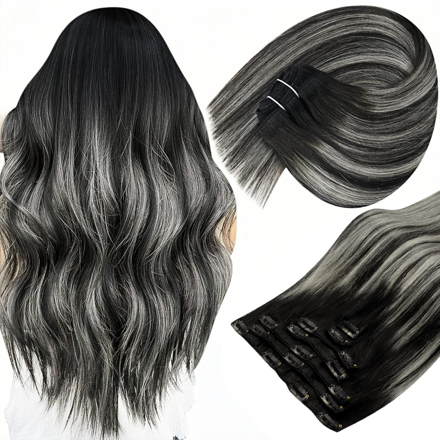 Sunny Silver Clip in Extensions Real Human Hair Black Grey Clip in Hair Extensions Human Hair Natural Black Ombre Silver Balayag