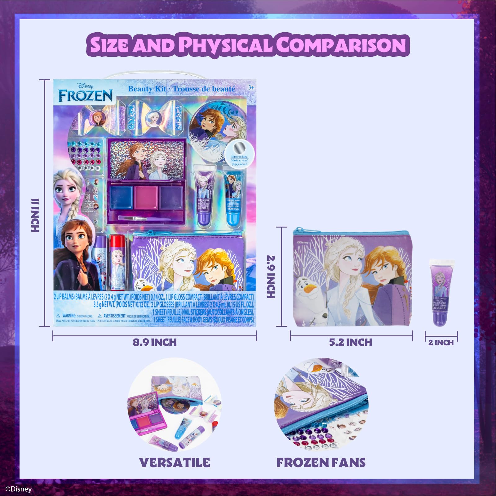 Townley Girl Disney Frozen 29-Piece Cosmetic Makeup Set - Multi with Lip Gloss, Nail Stickers, Lip Balm, and Mirror for Girls