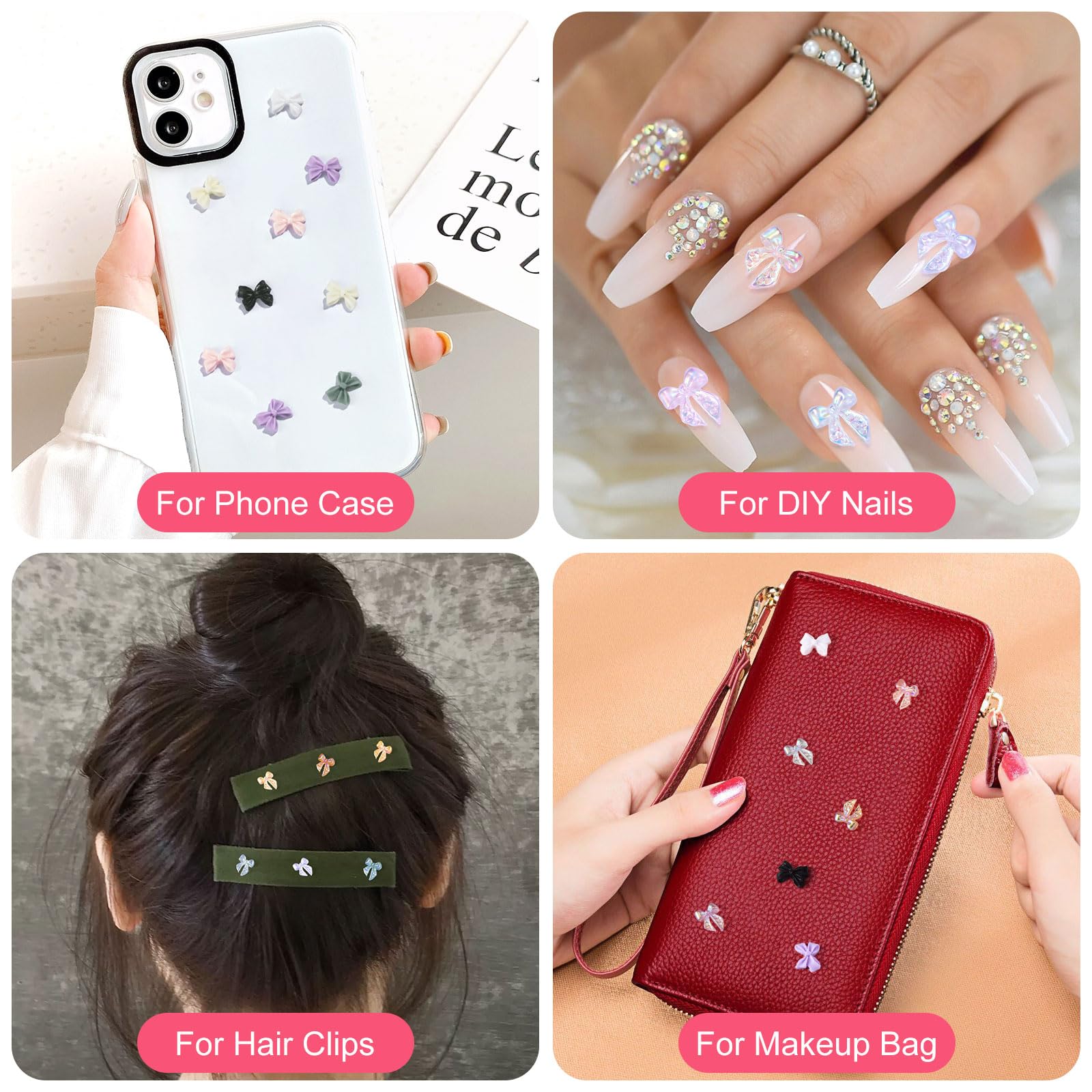 Hinzic 240 Pcs Aurora Bow Nail Charm Iridescent Ribbon Nail Bow Glitter Resin 3D Nail Pearl Rhinestone Valentines Wedding Prom B