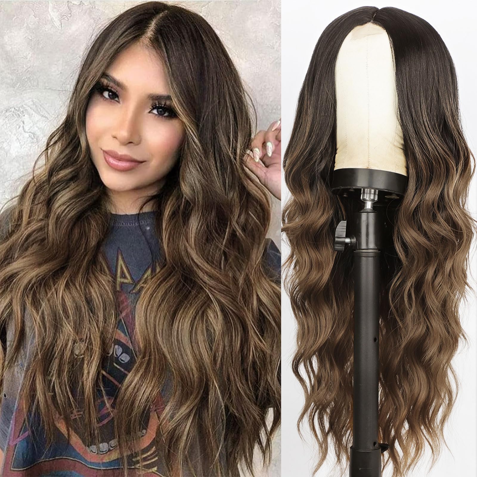 AISI QUEENS Long Brown Wavy Wigs for Women, Ombre Brown Curly Wig Middle Part Hair Replacement Wigs Synthetic Heat Resistant Fib