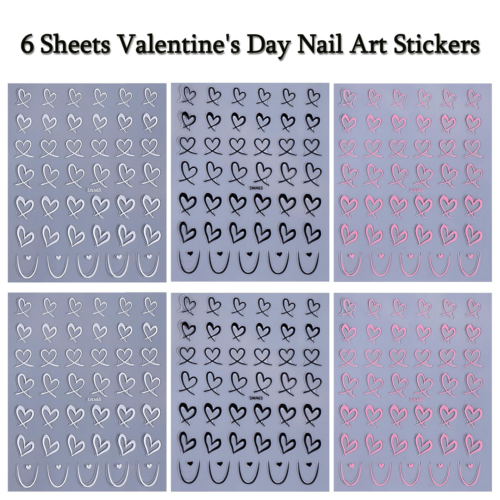 6 Sheets Heart Nail Stickers Valentines Day Nail Art Stickers 3D White Pink Black Love Nail Decals Self Adhesive Simple French H
