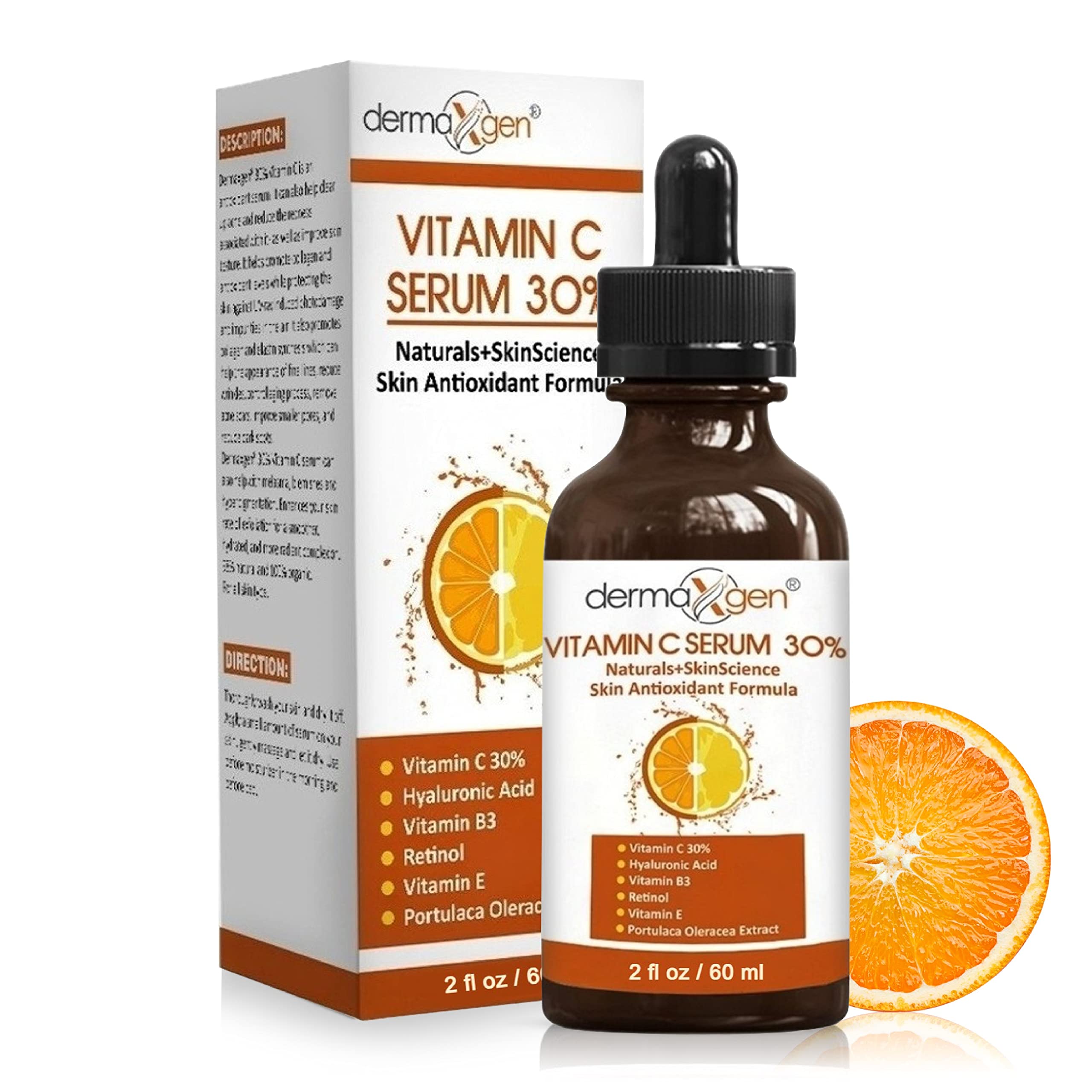 Dermaxgen 30% Vitamin C Serum For Face, Hyaluronic Acid & Vitamin E - Natural & Organic Anti Wrinkle & Skin Rejuvenator Moisturi