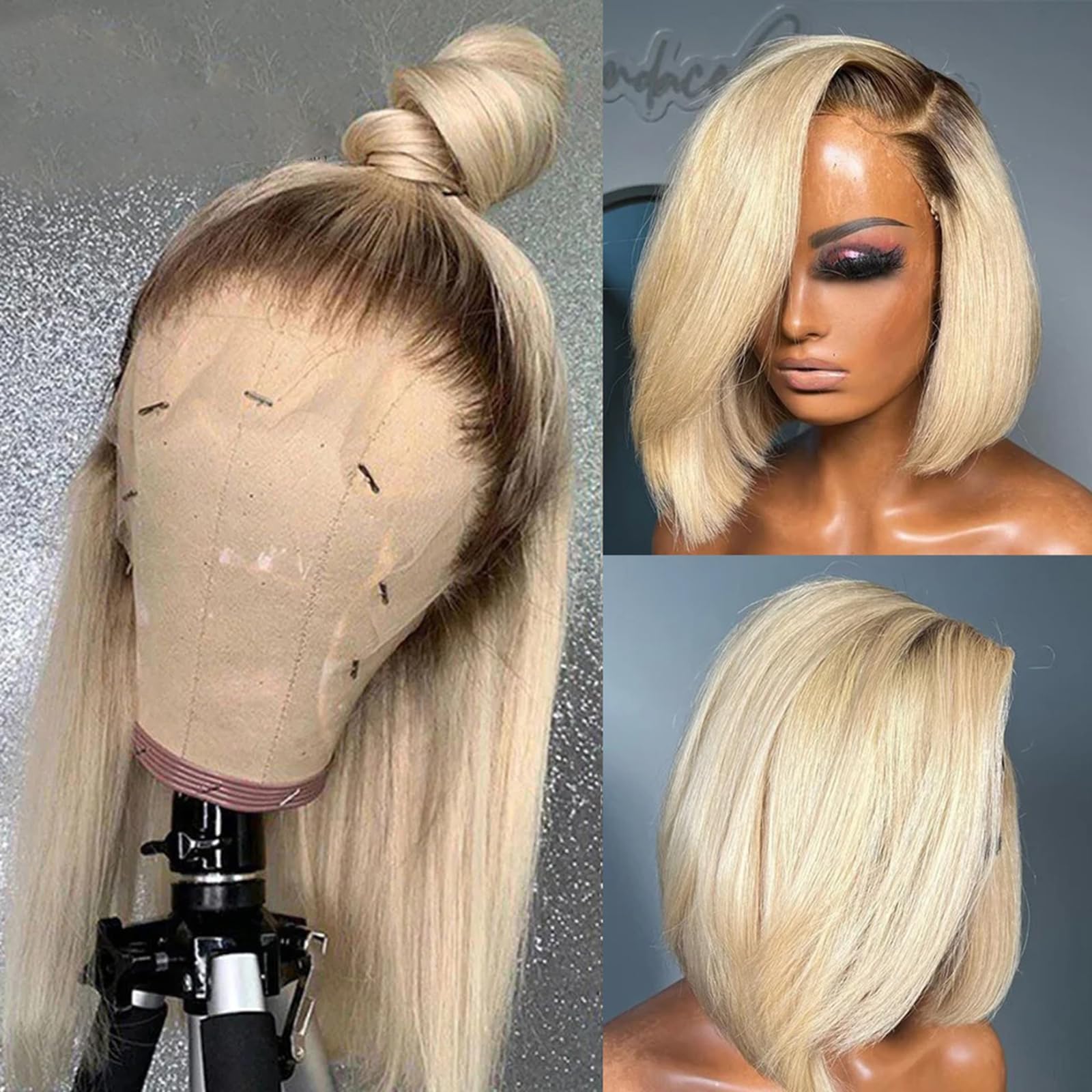 Munx Glueless Bob Wig Human Hair For Black Women 13X4 Hd Frontal Lace Wig 180% Density Ombre Dark Roots Blonde Pre Plucked Lace