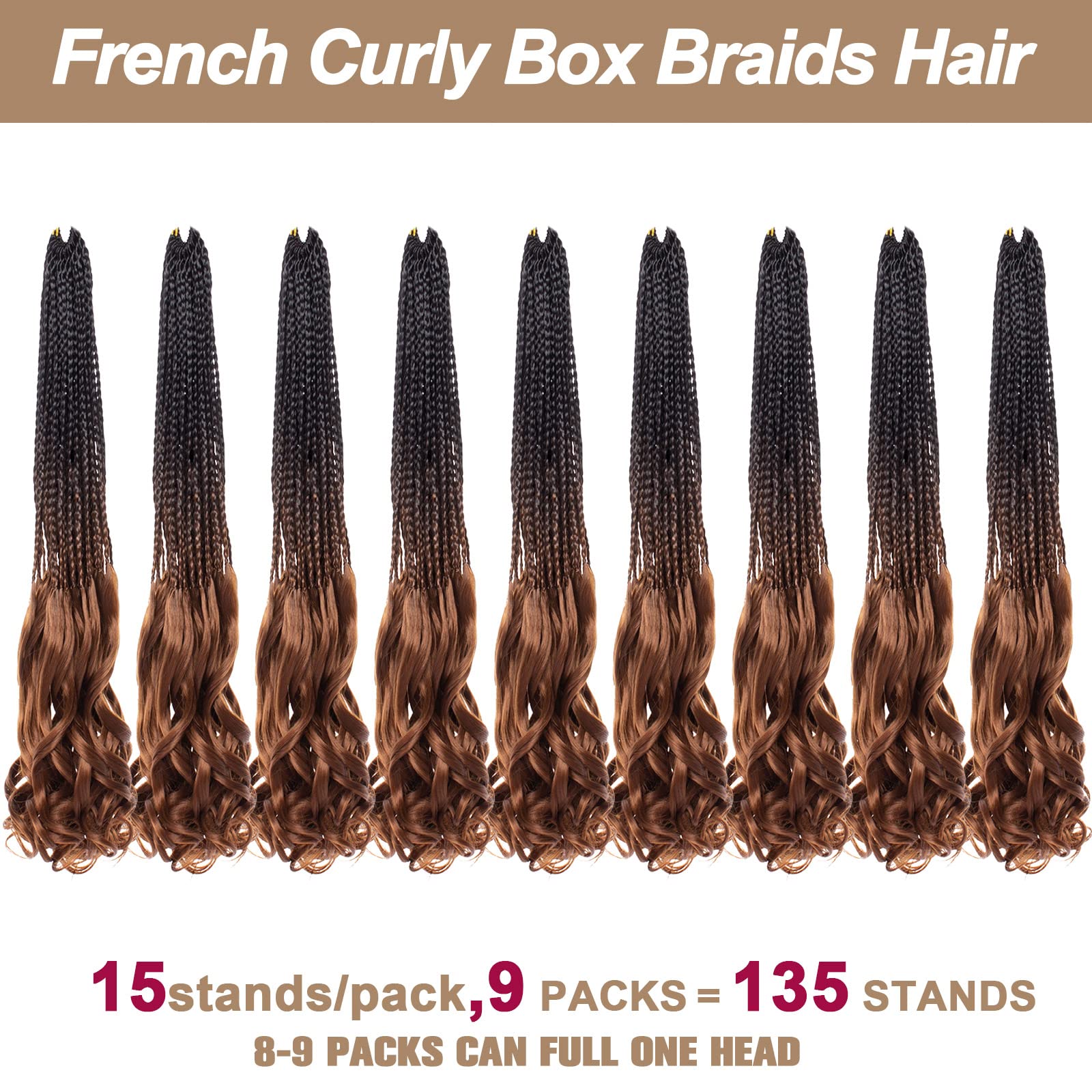 Cookoo 9 Pack 14 Inch Pre Looped French Curly Box Braids Hair Ombre Brown Crochet Box Braid With Curls At The End Loose Curly Sy
