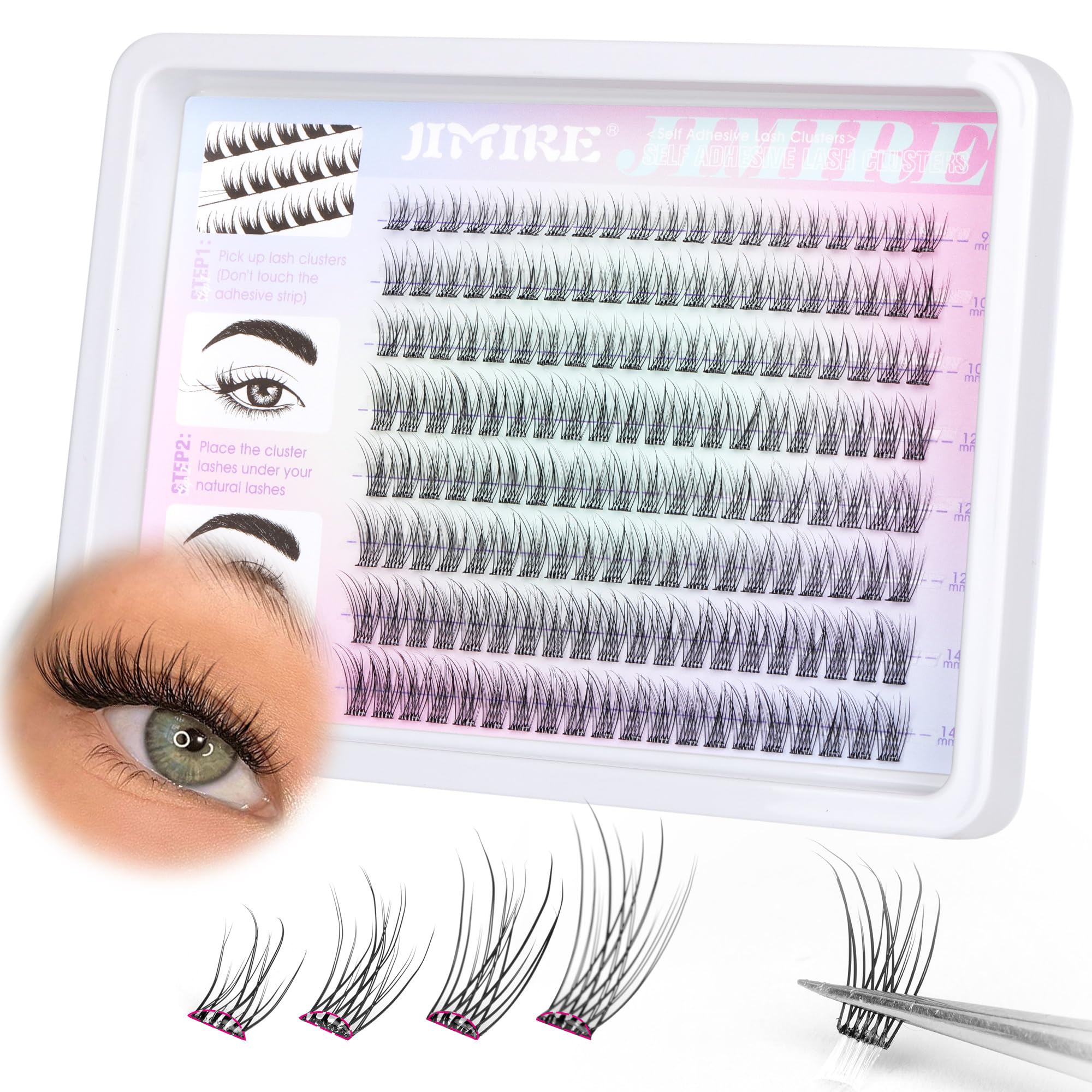 JIMIRE 160Pcs Self Adhesive Eyelashes Natural Look 9-14MM Wispy Pre Glued Lash Clusters No Glue Needed Press on Lashes Clusters 